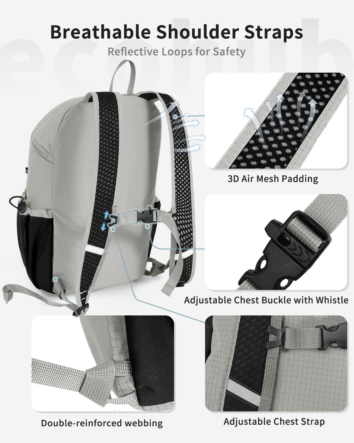 ECOHUB 15L Lightweight Casual Daypack, Packable Backpack for Daily Use, Hiking & Travel, Foldable Small Backpack with Stretch Mesh Pockets, Water-Resistant Nylon, Reflective Design - Image 5