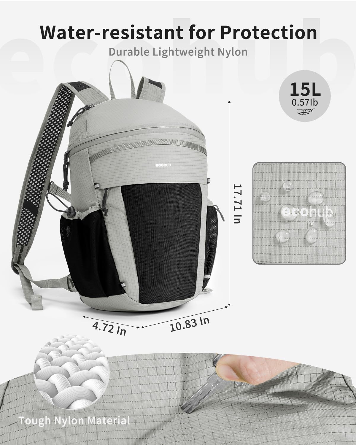 ECOHUB 15L Lightweight Casual Daypack, Packable Backpack for Daily Use, Hiking & Travel, Foldable Small Backpack with Stretch Mesh Pockets, Water-Resistant Nylon, Reflective Design - Image 6