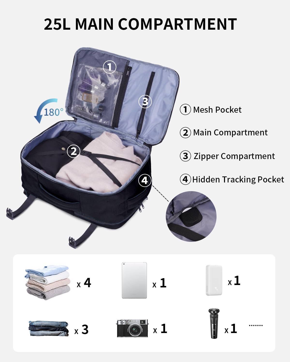 ECOHUB 17" Small Travel Backpack, United Airlines Personal Item Bag 17x10x9 with 16 Pockets, Water Resistant Rucksacks Fit 15.6" Laptop, AirTag Pocket, Lightweight Casual Daypack, 25L, Black - Image 3