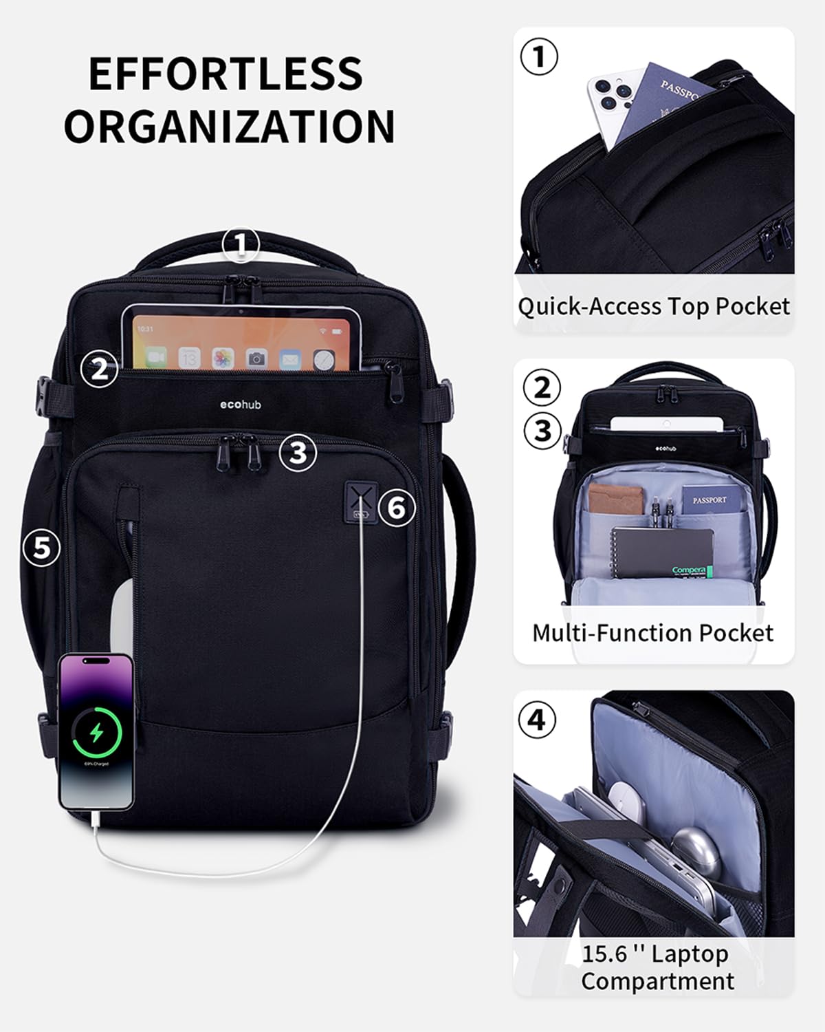 ECOHUB 17" Small Travel Backpack, United Airlines Personal Item Bag 17x10x9 with 16 Pockets, Water Resistant Rucksacks Fit 15.6" Laptop, AirTag Pocket, Lightweight Casual Daypack, 25L, Black - Image 4