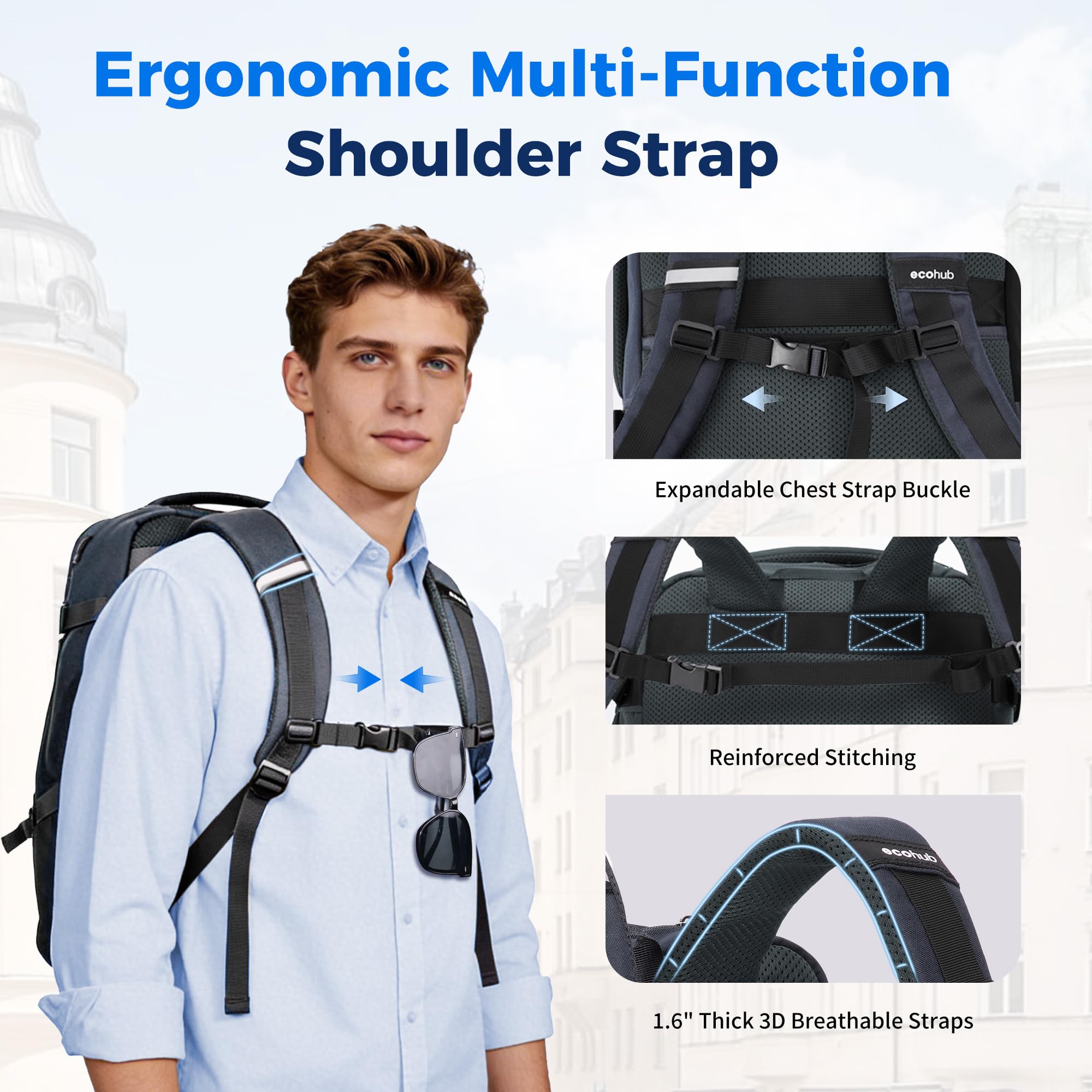 ECOHUB 17" Travel Backpack for Men United Airlines Personal Item Travel Bag TSA Friendly Business Computer Bag with USB Charging Port & Wet Compartment,Grey - Image 5