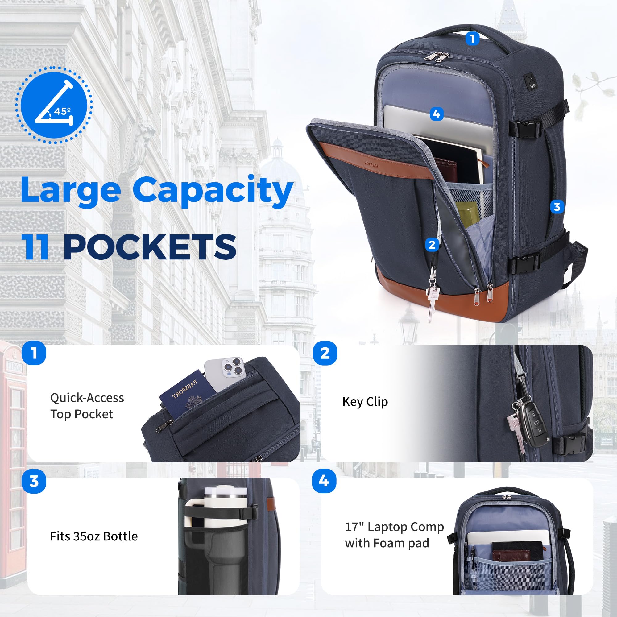 ECOHUB 17" Travel Backpack for Men United Airlines Personal Item Travel Bag TSA Friendly Business Computer Bag with USB Charging Port & Wet Compartment,Grey - Image 6