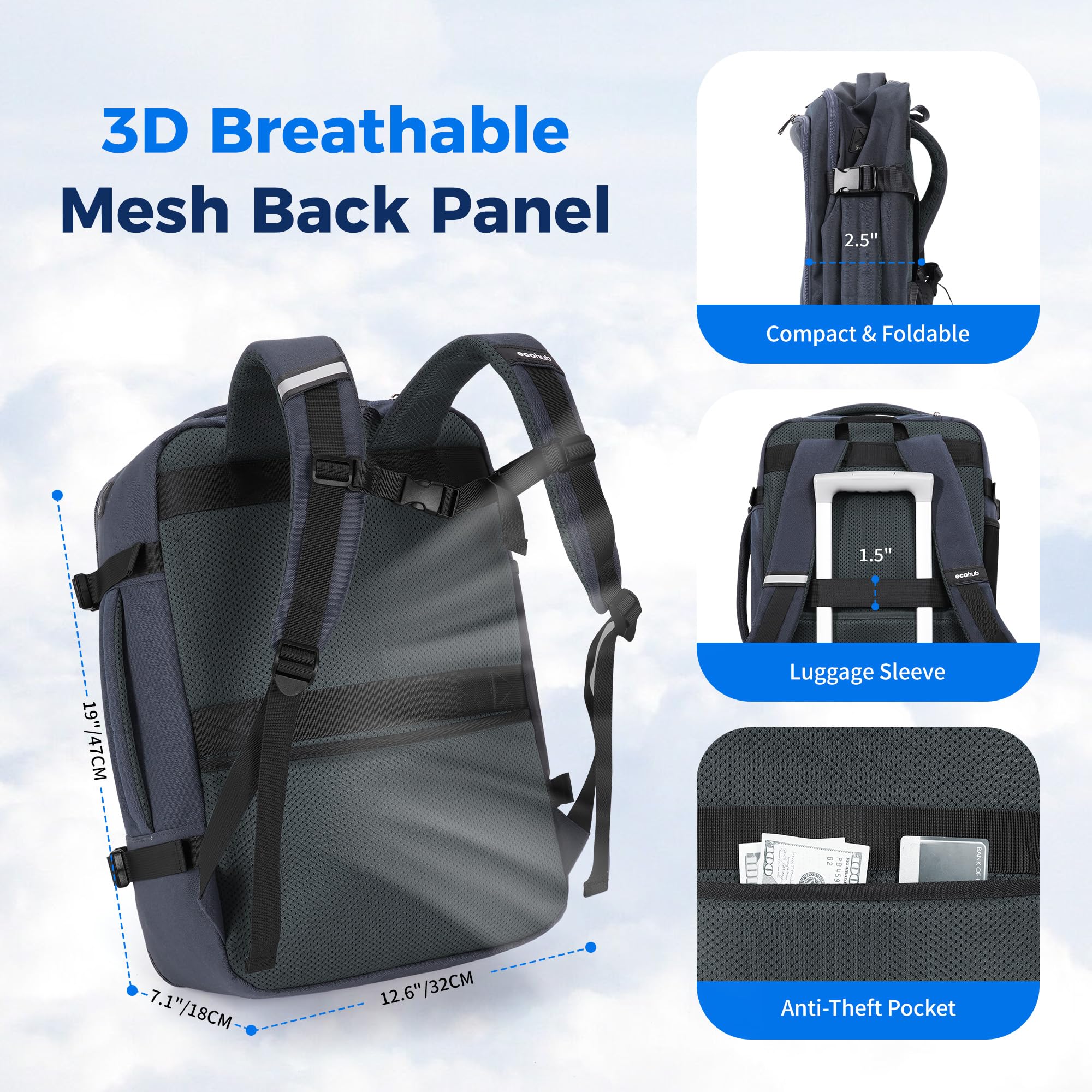 ECOHUB 17" Travel Backpack for Men United Airlines Personal Item Travel Bag TSA Friendly Business Computer Bag with USB Charging Port & Wet Compartment,Grey - Image 7