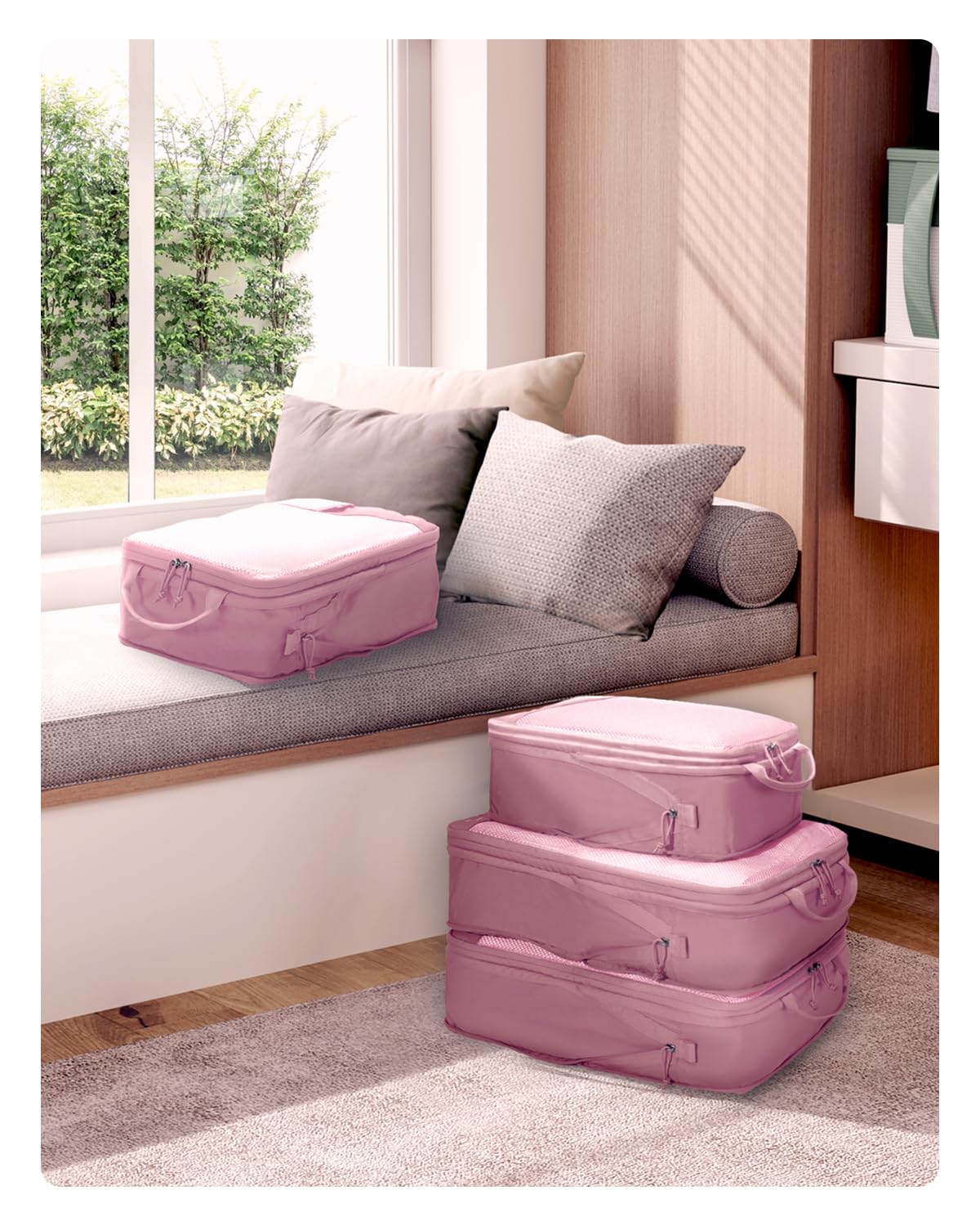 ECOHUB 4 Set Compression Packing Cubes for Travel Essentials, Suitcases Organizer Bags with Tag, Travel Bags Organizer for Luggage, Dusty Rose-Compress - Image 9