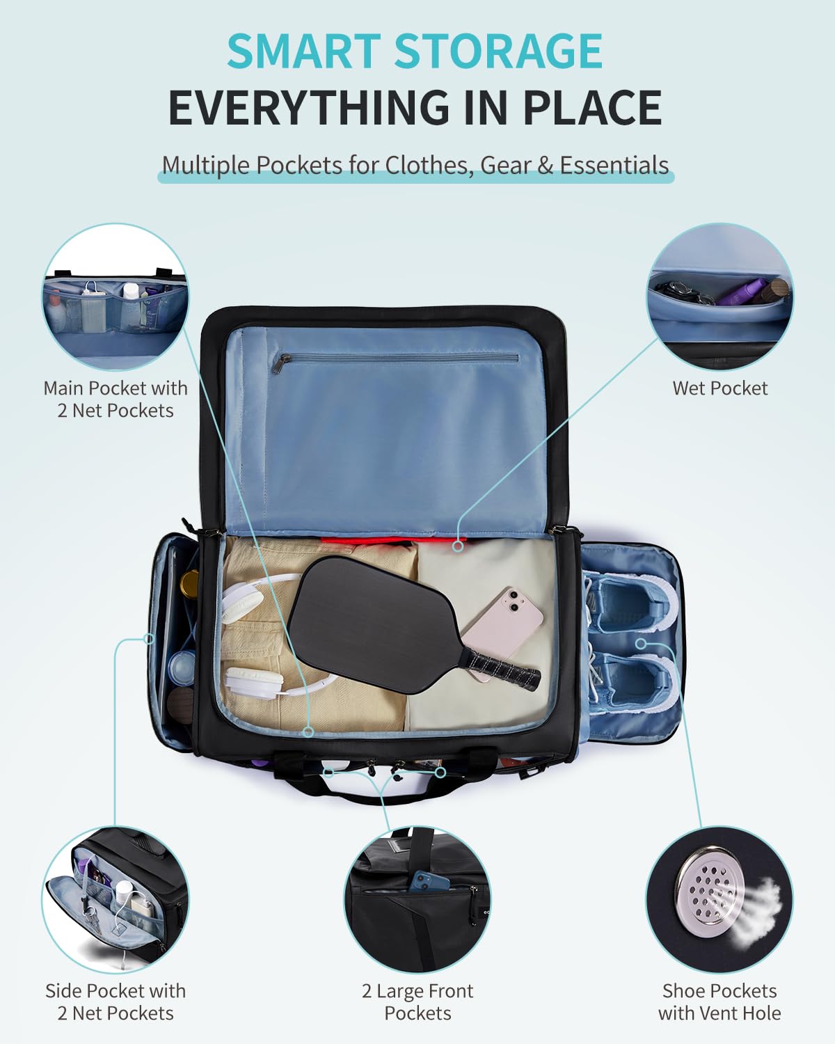 ECOHUB 40L Gym Bag for Women Men Water Resistant Sports Duffle Bag with Shoe Compartment & Wet Pocket, Travel Weekender Camping Backpack - Image 4