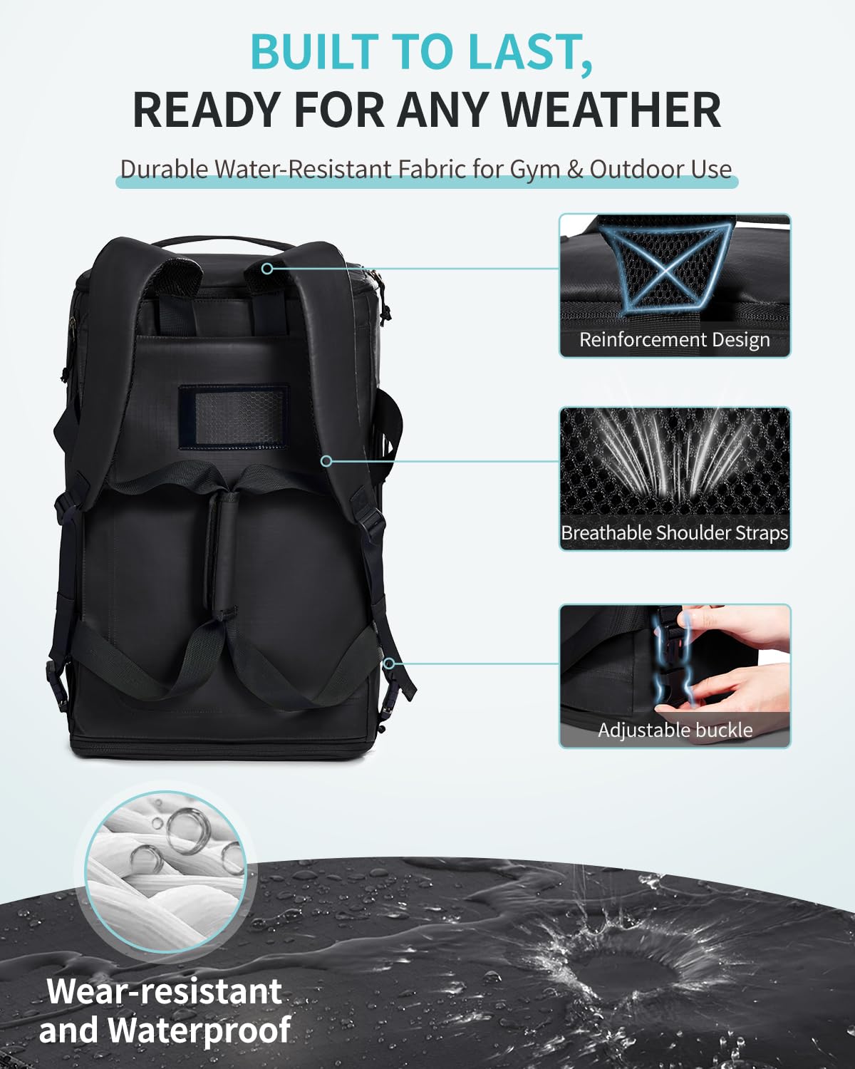 ECOHUB 40L Gym Bag for Women Men Water Resistant Sports Duffle Bag with Shoe Compartment & Wet Pocket, Travel Weekender Camping Backpack - Image 5