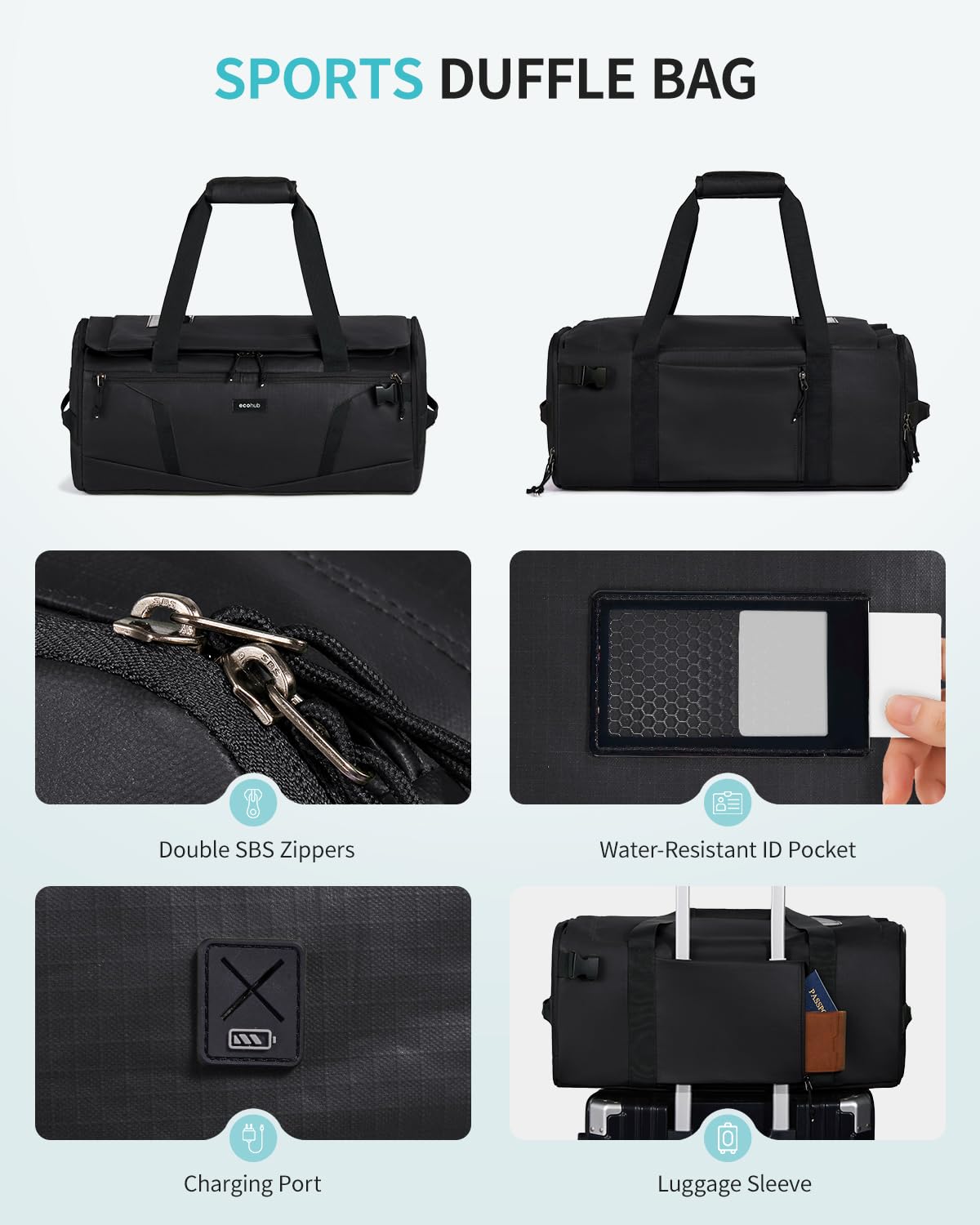 ECOHUB 40L Gym Bag for Women Men Water Resistant Sports Duffle Bag with Shoe Compartment & Wet Pocket, Travel Weekender Camping Backpack - Image 8