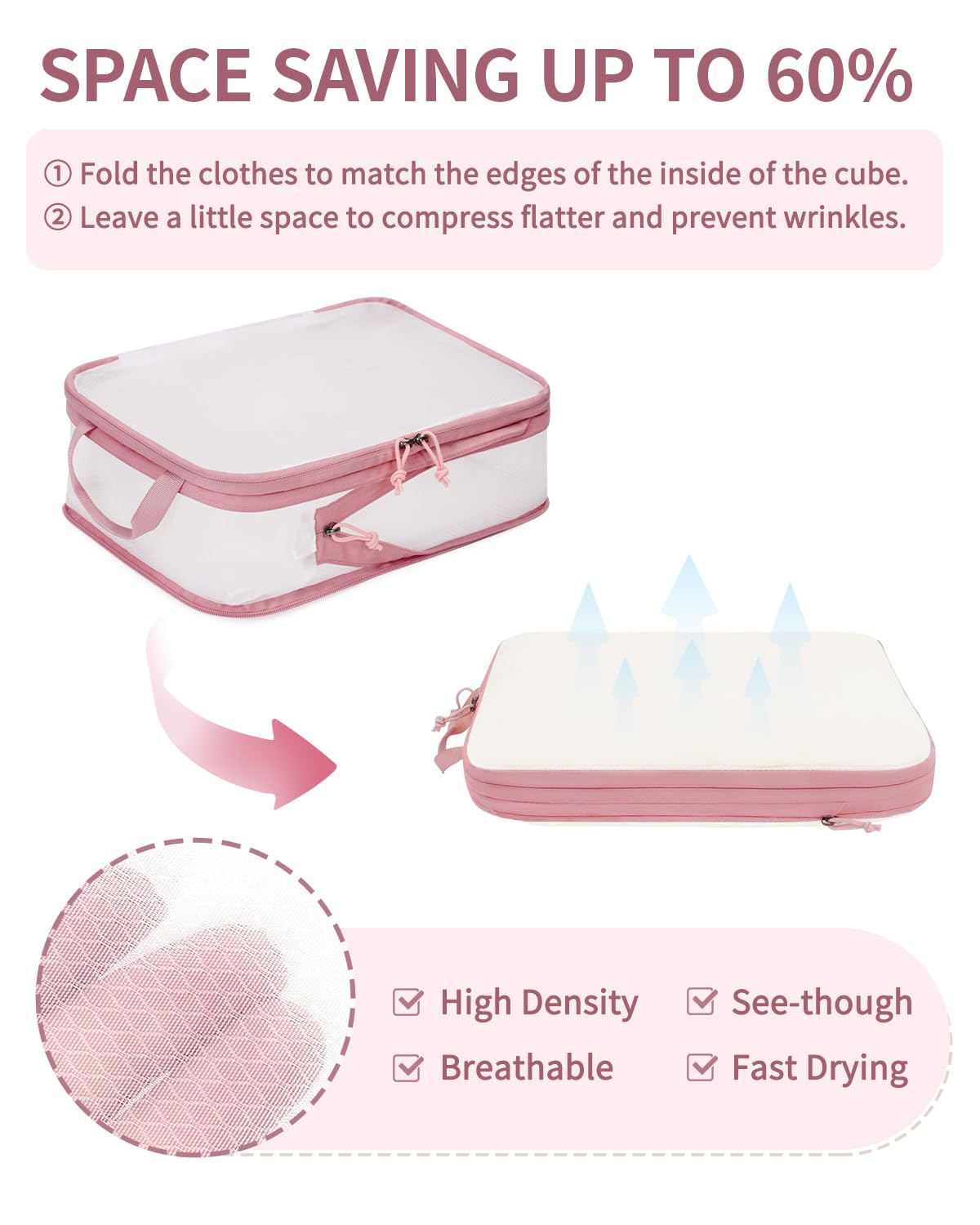 ECOHUB 6 Set Compression Packing Cubes, Gifts for Women Mom, Lightweight Vacation Travel Essentials Accessories for Suitcase Luggage Organizer Bags Set with YKK Zippers Shoe Bag, Pink - Image 3