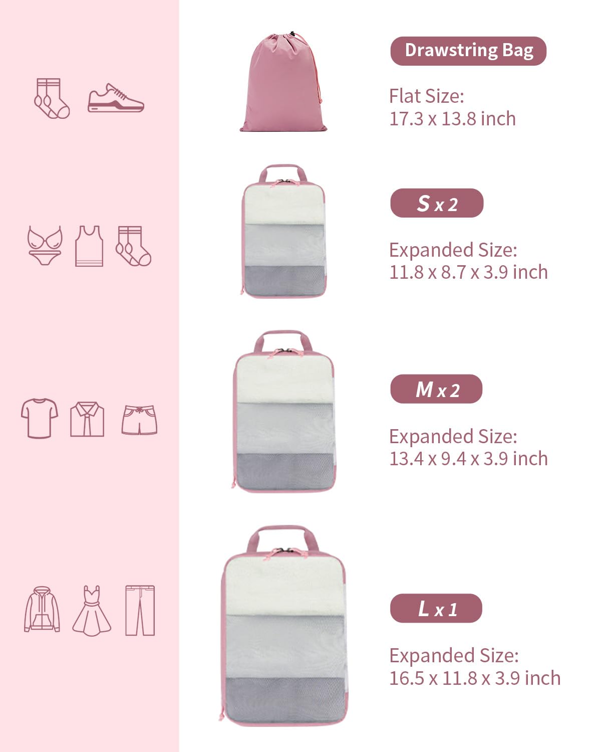 ECOHUB 6 Set Compression Packing Cubes, Gifts for Women Mom, Lightweight Vacation Travel Essentials Accessories for Suitcase Luggage Organizer Bags Set with YKK Zippers Shoe Bag, Pink - Image 4