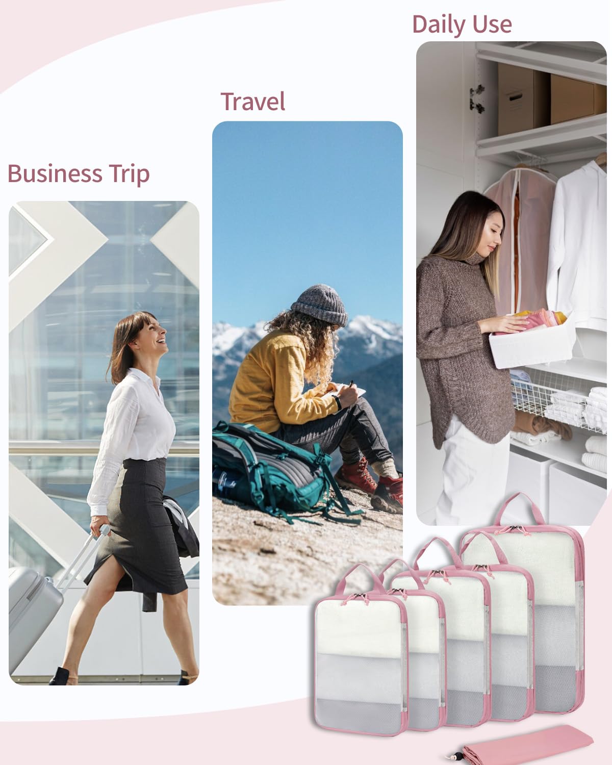 ECOHUB 6 Set Compression Packing Cubes, Gifts for Women Mom, Lightweight Vacation Travel Essentials Accessories for Suitcase Luggage Organizer Bags Set with YKK Zippers Shoe Bag, Pink - Image 5