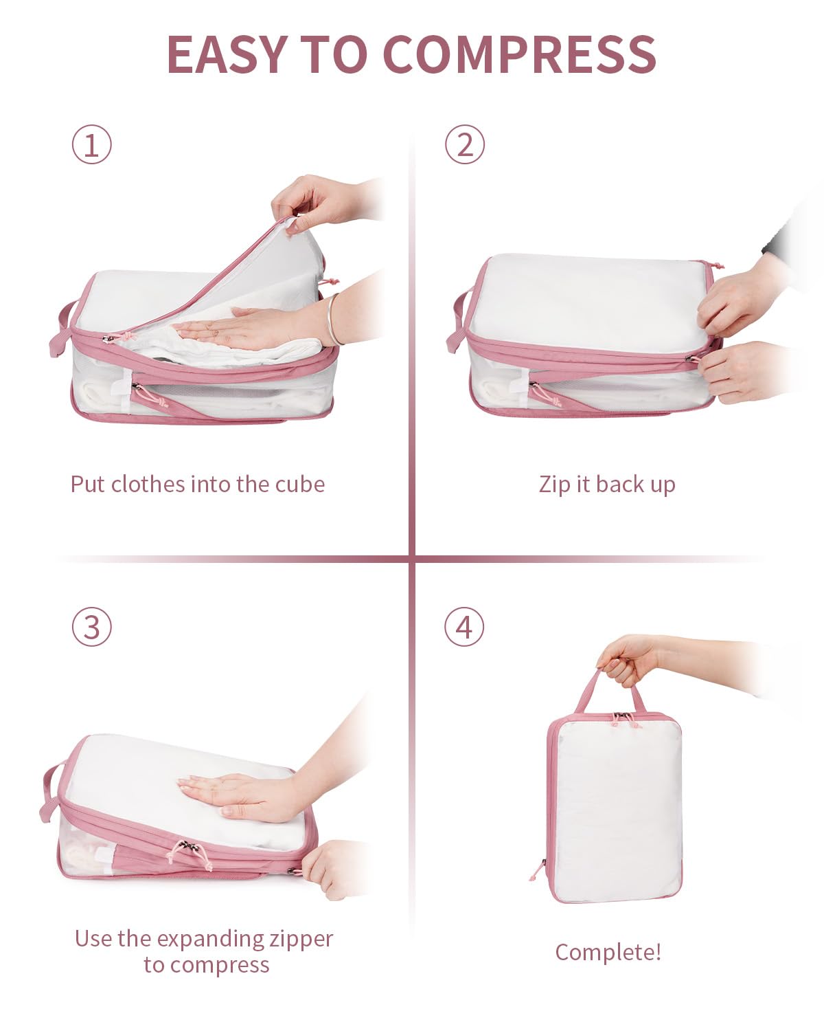 ECOHUB 6 Set Compression Packing Cubes, Gifts for Women Mom, Lightweight Vacation Travel Essentials Accessories for Suitcase Luggage Organizer Bags Set with YKK Zippers Shoe Bag, Pink - Image 6