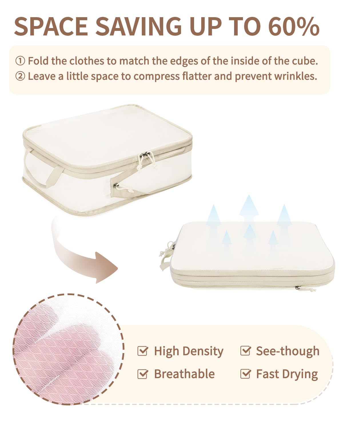 ECOHUB 6 Set Compression Packing Cubes, Lightweight Beach Vacation Travel Essentials Durable Travel Accessories for Suitcase Carry On Luggage Organizer Bags with YKK Zippers Shoe Bag, Beige - Image 3