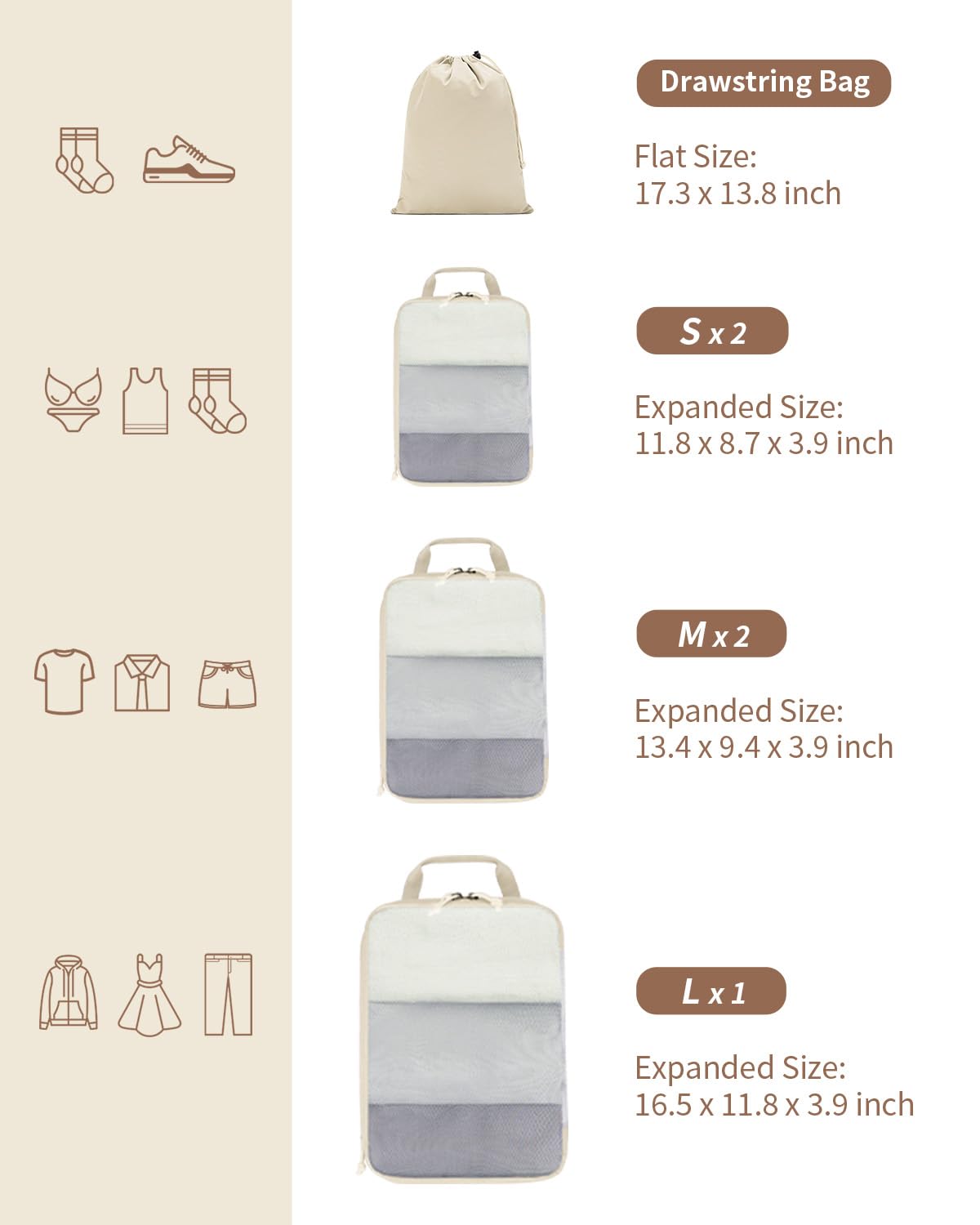 ECOHUB 6 Set Compression Packing Cubes, Lightweight Beach Vacation Travel Essentials Durable Travel Accessories for Suitcase Carry On Luggage Organizer Bags with YKK Zippers Shoe Bag, Beige - Image 4