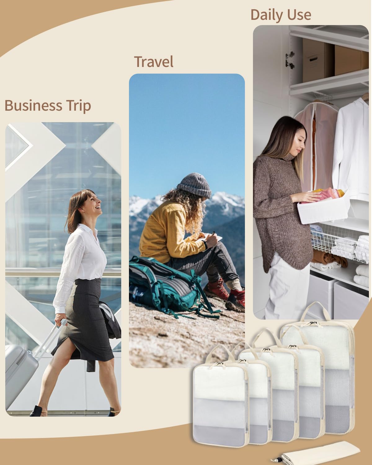 ECOHUB 6 Set Compression Packing Cubes, Lightweight Beach Vacation Travel Essentials Durable Travel Accessories for Suitcase Carry On Luggage Organizer Bags with YKK Zippers Shoe Bag, Beige - Image 5