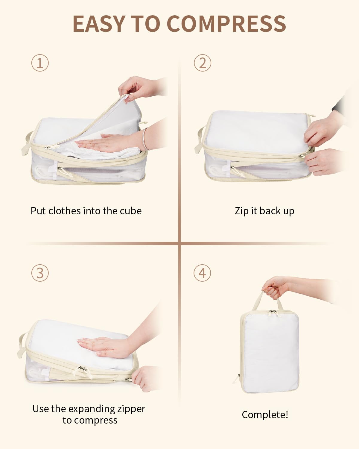 ECOHUB 6 Set Compression Packing Cubes, Lightweight Beach Vacation Travel Essentials Durable Travel Accessories for Suitcase Carry On Luggage Organizer Bags with YKK Zippers Shoe Bag, Beige - Image 6