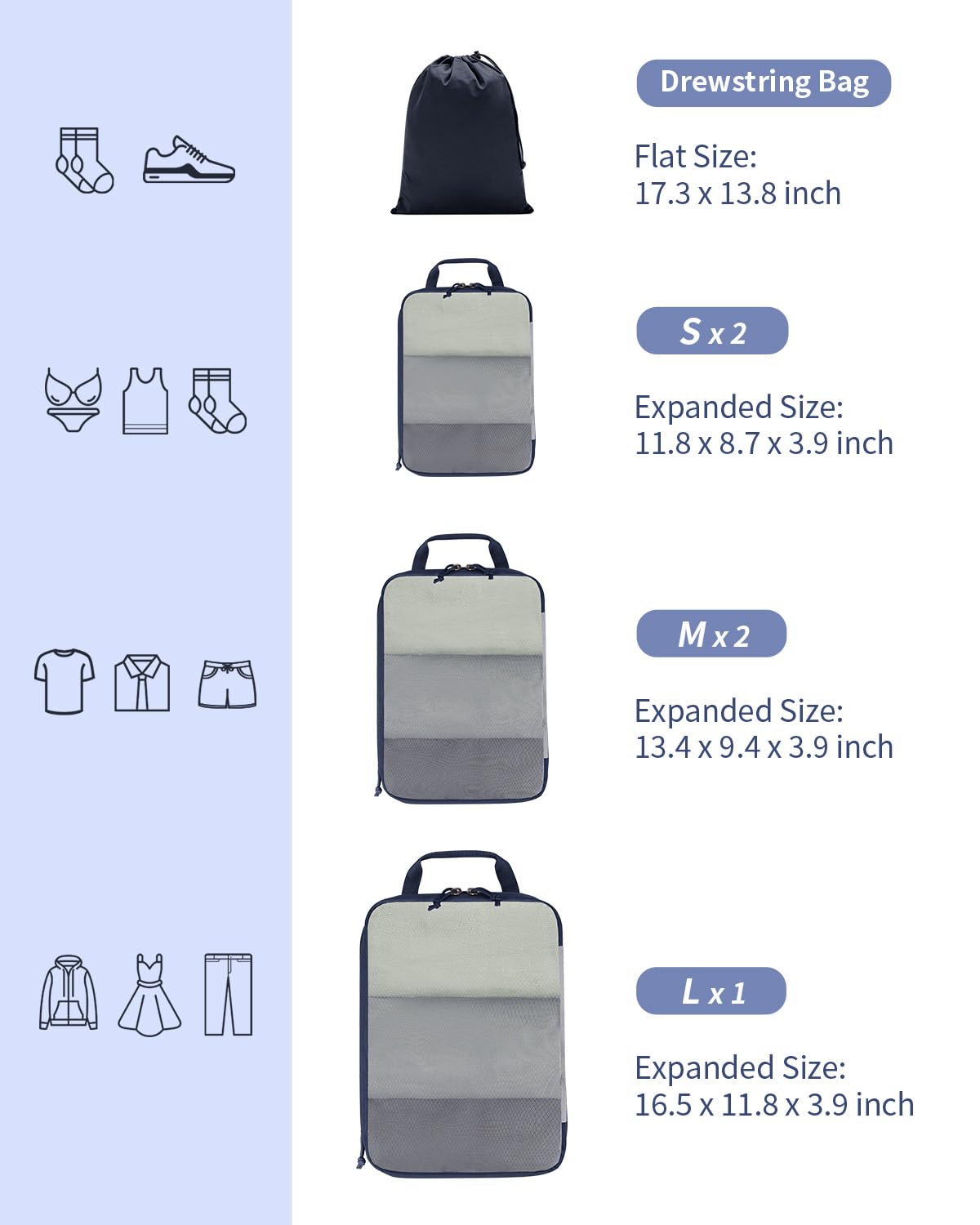 ECOHUB 6 Set Compression Packing Cubes, Lightweight Cruise Ship Vacation Travel Essentials, Durable Travel Accessories for Suitcase Luggage Organizer Bags Set with YKK Zippers Shoe Bag, Dark Blue - Image 4