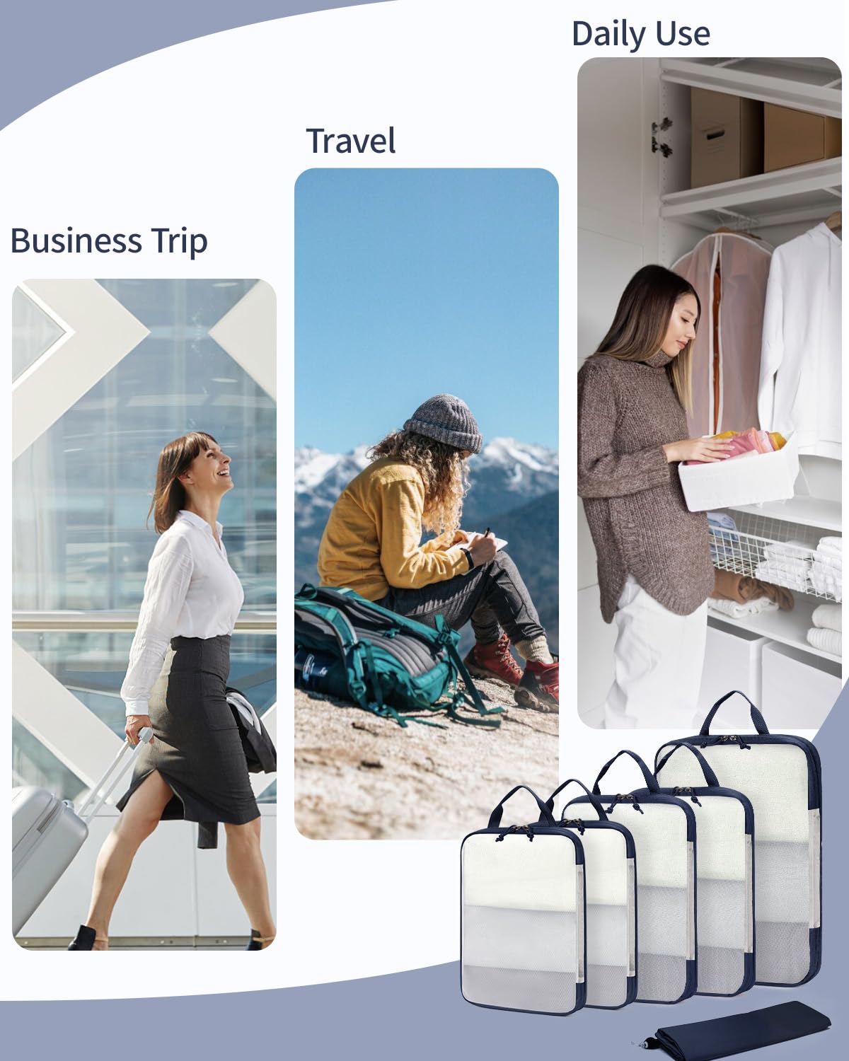 ECOHUB 6 Set Compression Packing Cubes, Lightweight Cruise Ship Vacation Travel Essentials, Durable Travel Accessories for Suitcase Luggage Organizer Bags Set with YKK Zippers Shoe Bag, Dark Blue - Image 5