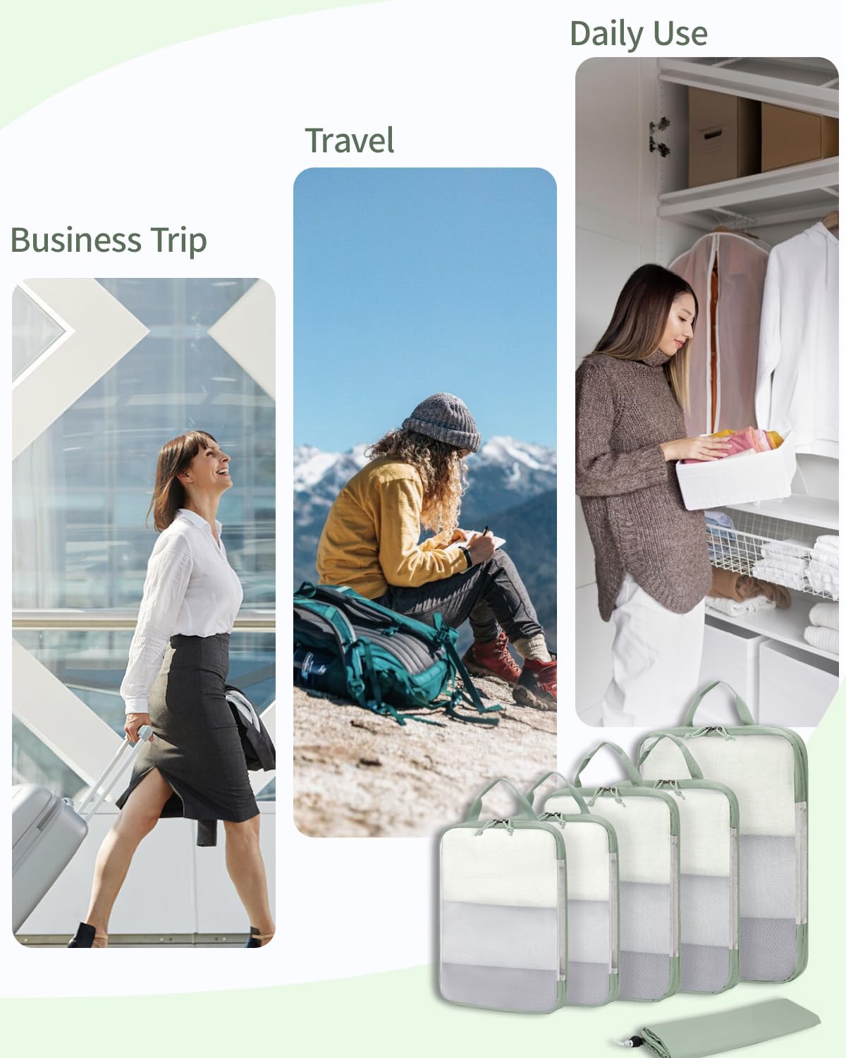 ECOHUB 6 Set Compression Packing Cubes, Lightweight Vacation Travel Essentials, Durable Travel Accessories for Suitcase Carry On Luggage Organizer Bags Set with YKK Zippers Shoe Bag, Green - Image 5