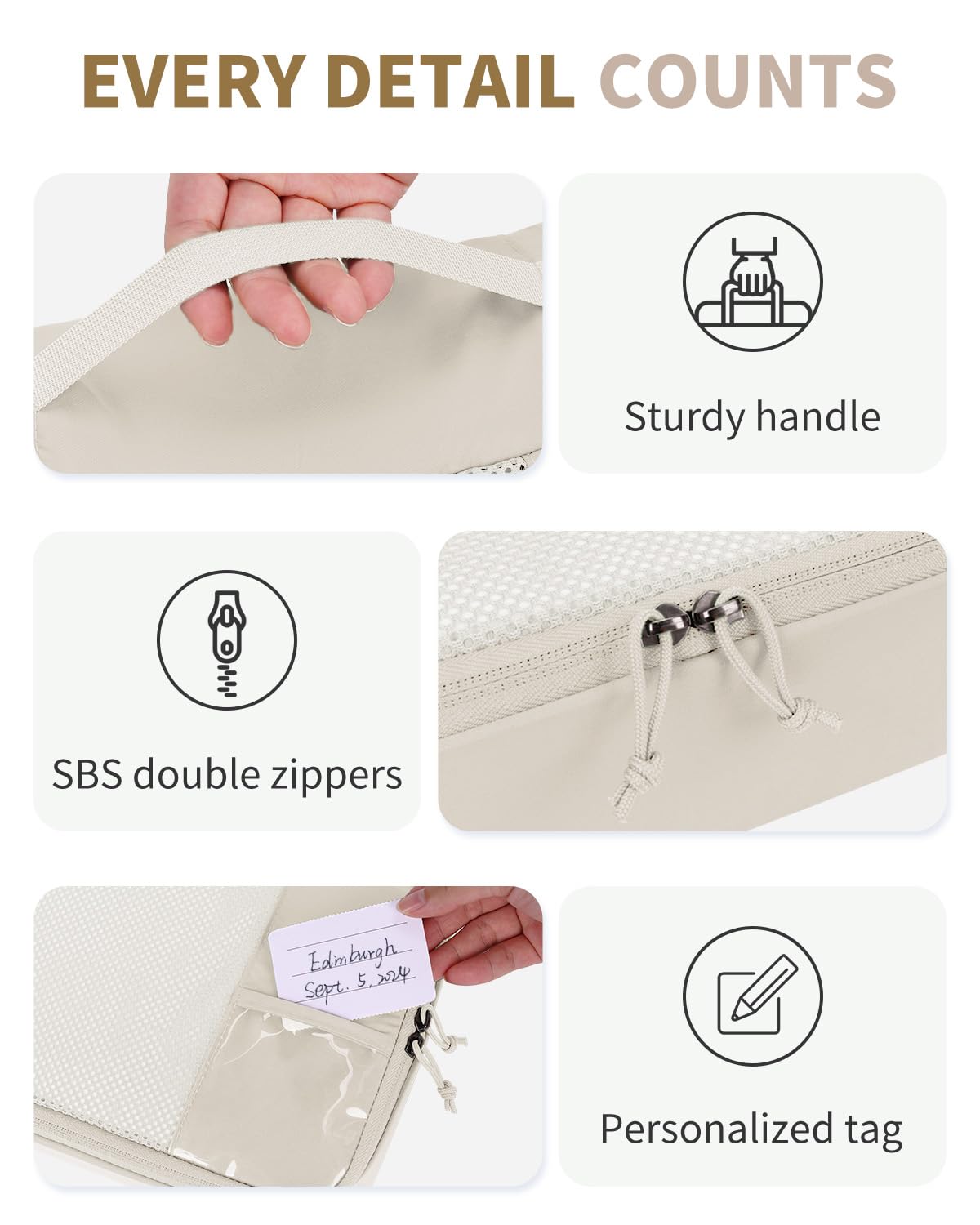 ECOHUB 6 Set Packing Cubes for Travel Durable Suitcase Organizer Bags Set with Personalized Tag Travel Essentials with Shoe Bag Traveling Accessories for Luggage Machine Washable, Beige - Image 5