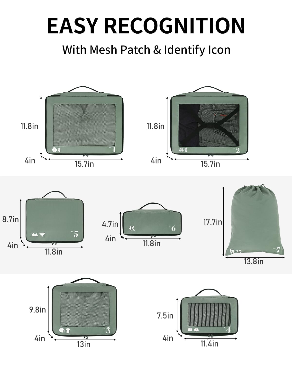 ECOHUB 7 Set Packing Cubes Tear-Resistant Luggage Packing Organizers with Number Icon for Travel Accessories Luggage Suitcase Machine Washable Packing Cubes (Green) - Image 6