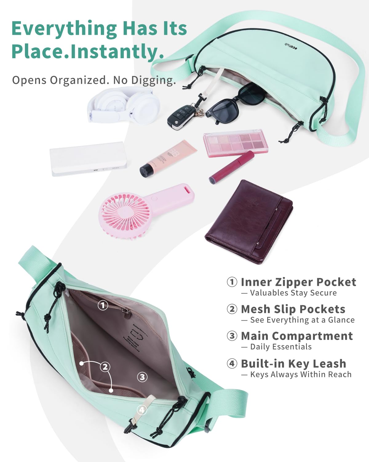 ECOHUB Anti Theft Crossbody Bag for Women & Men, Lightweight Nylon Crescent Shoulder Bag with RFID Pocket, Adjustable Strap - Image 3