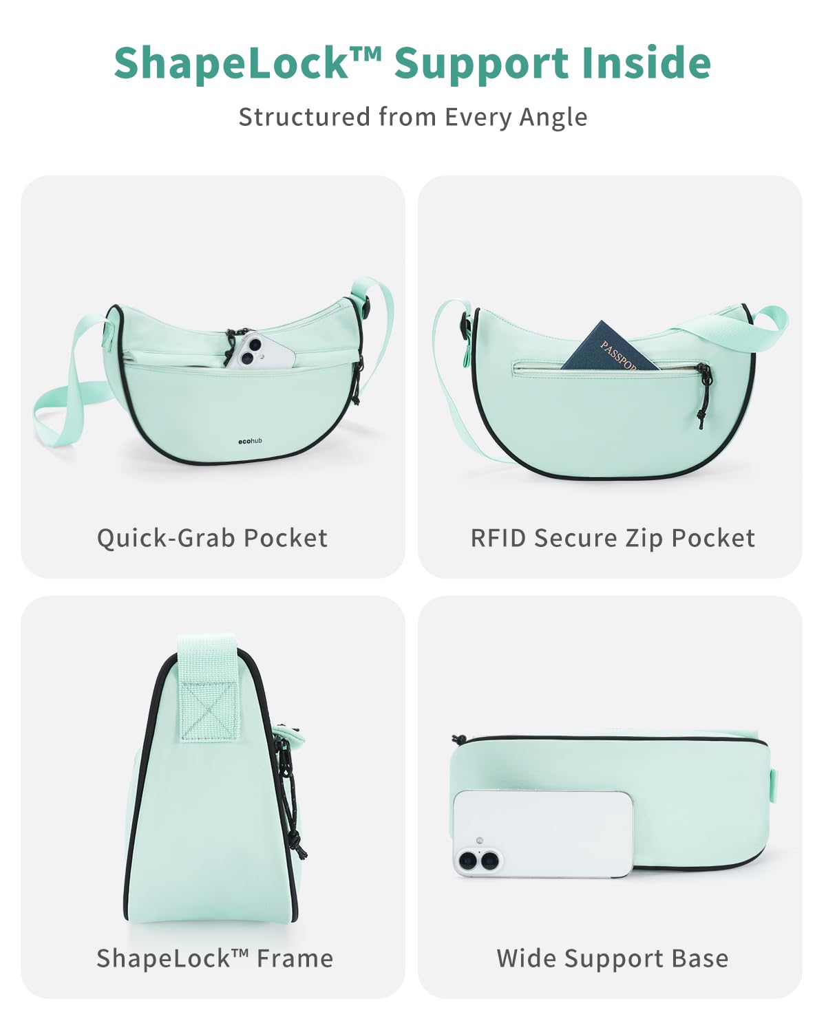 ECOHUB Anti Theft Crossbody Bag for Women & Men, Lightweight Nylon Crescent Shoulder Bag with RFID Pocket, Adjustable Strap - Image 4