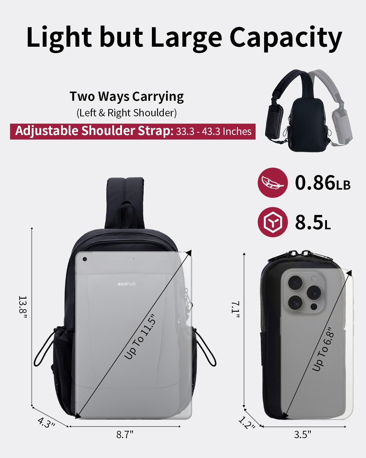 ECOHUB Anti-Theft Crossbody Bag Men Women, RFID Blocking Lightweight Sling Backpack Eco-Friendly with 9 Pockets Sturdy SBS Zippers Water Resistant for Travel Work Hiking Outdoor, Black - Image 5