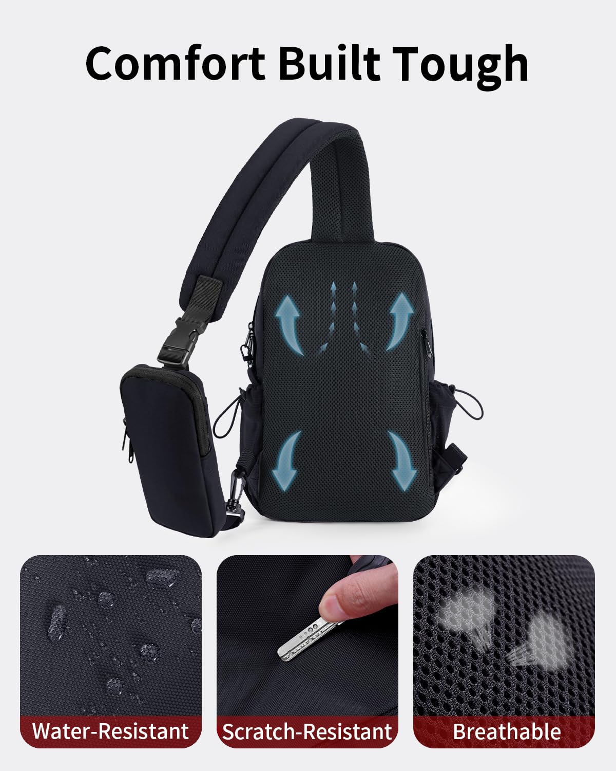 ECOHUB Anti-Theft Crossbody Bag Men Women, RFID Blocking Lightweight Sling Backpack Eco-Friendly with 9 Pockets Sturdy SBS Zippers Water Resistant for Travel Work Hiking Outdoor, Black - Image 7