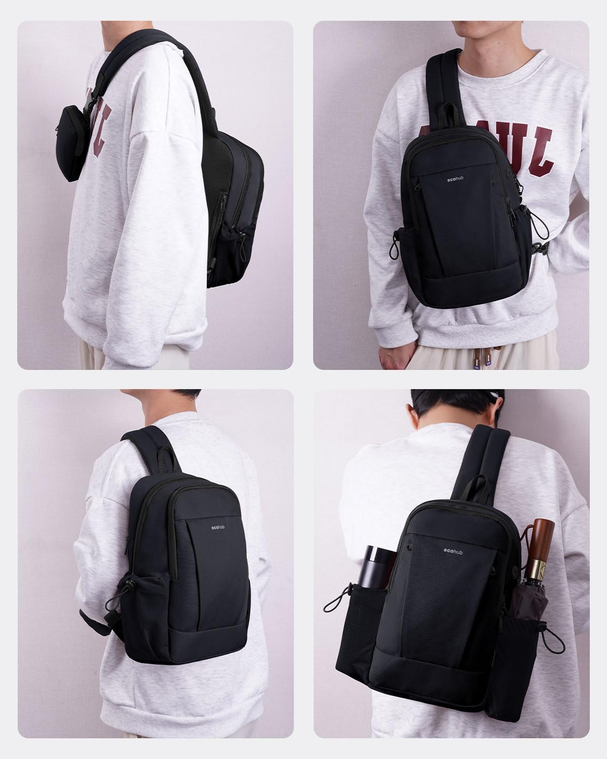 ECOHUB Anti-Theft Crossbody Bag Men Women, RFID Blocking Lightweight Sling Backpack Eco-Friendly with 9 Pockets Sturdy SBS Zippers Water Resistant for Travel Work Hiking Outdoor, Black - Image 8