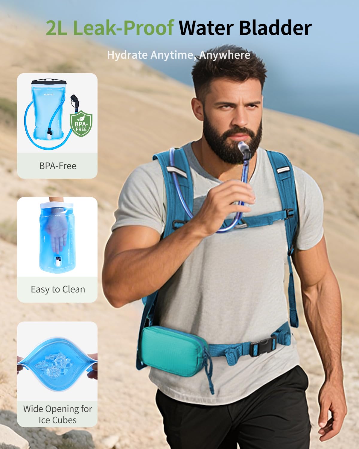 ECOHUB Hydration Backpack for Men Women, 20L Lightweight Hiking Daypack Cycling Backpack with 2L Water Bladder, Insulated Hydration Pack with Waist Pack - Image 3