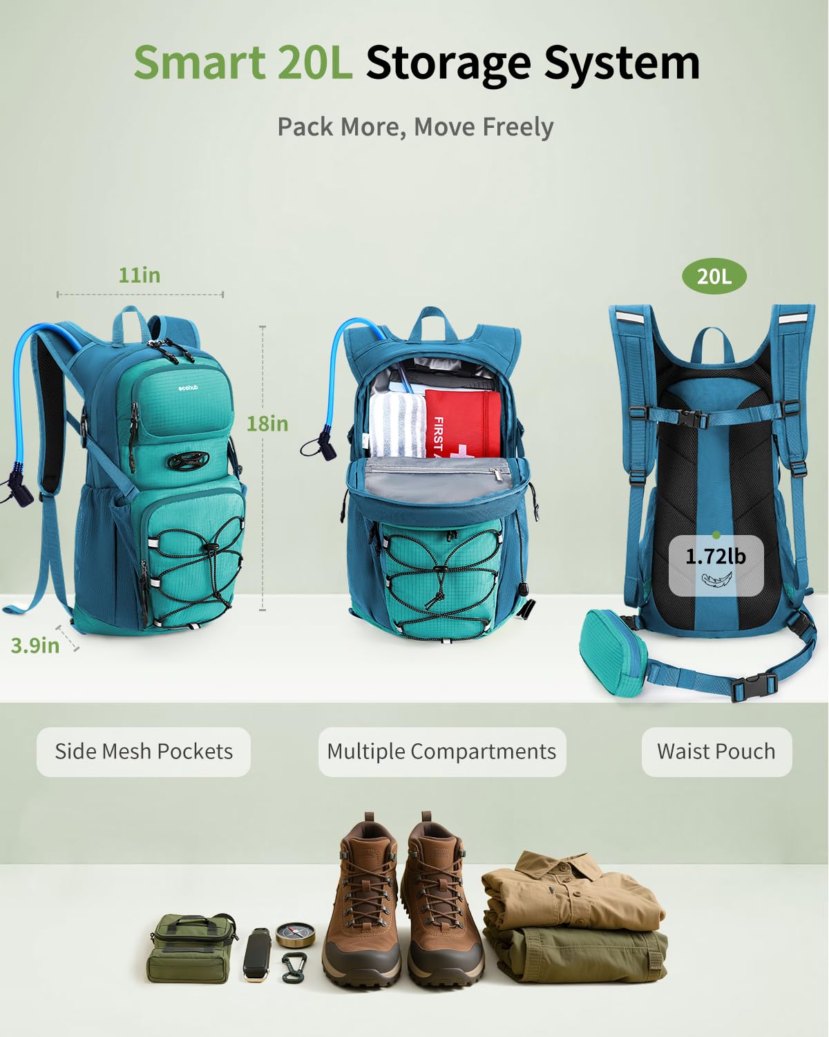 ECOHUB Hydration Backpack for Men Women, 20L Lightweight Hiking Daypack Cycling Backpack with 2L Water Bladder, Insulated Hydration Pack with Waist Pack - Image 4