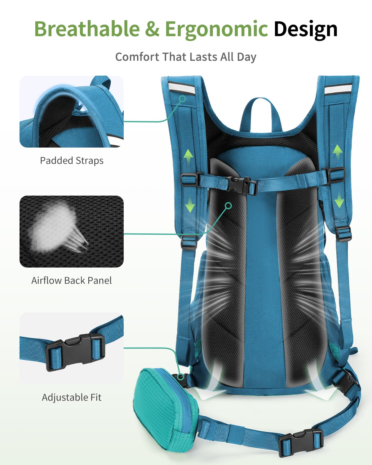 ECOHUB Hydration Backpack for Men Women, 20L Lightweight Hiking Daypack Cycling Backpack with 2L Water Bladder, Insulated Hydration Pack with Waist Pack - Image 5