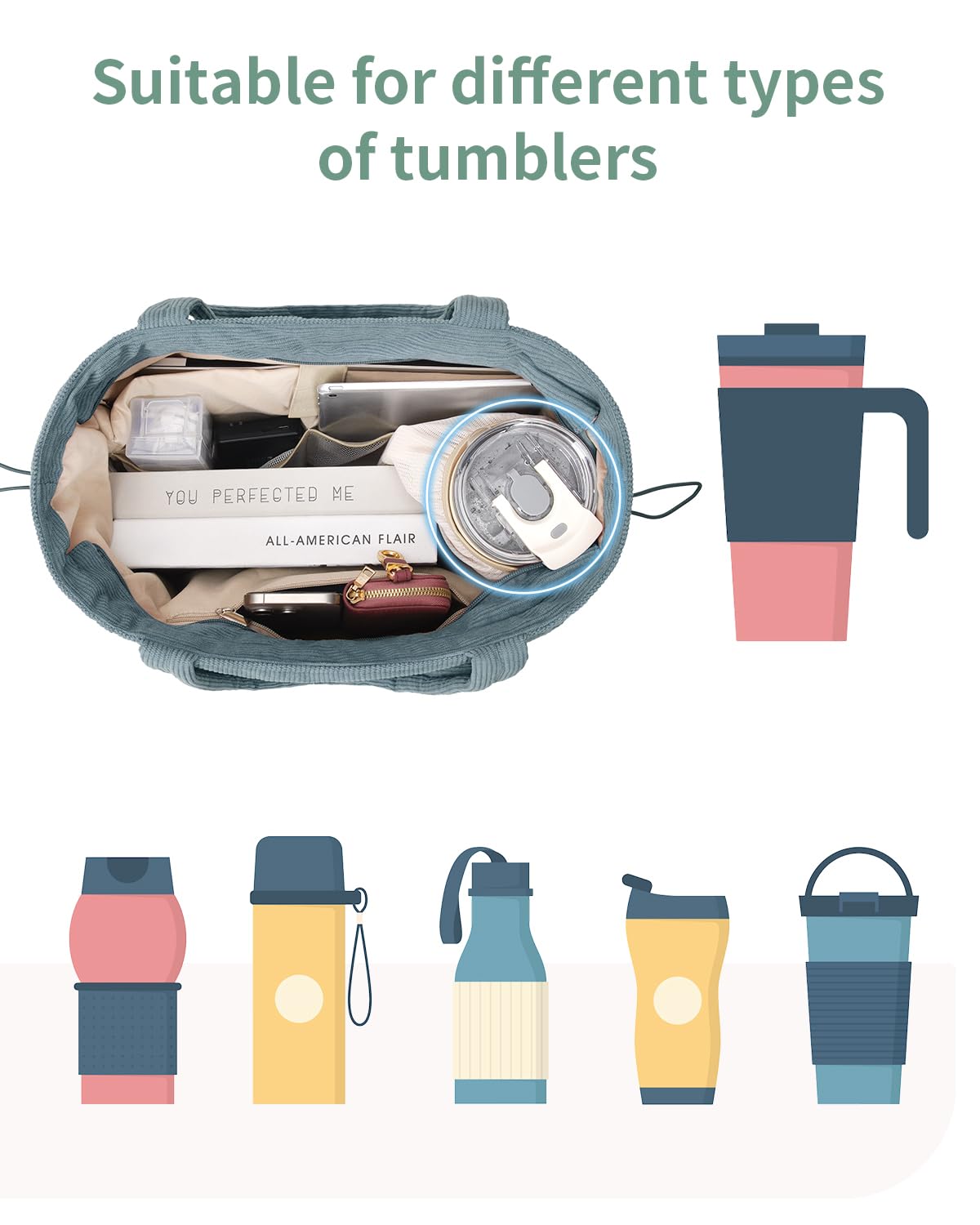 ECOHUB Large Corduroy Tote Bag for Women with Cup Holder & Luggage Sleeve & Laptop Compartment for Work Travel College Casual - Image 4