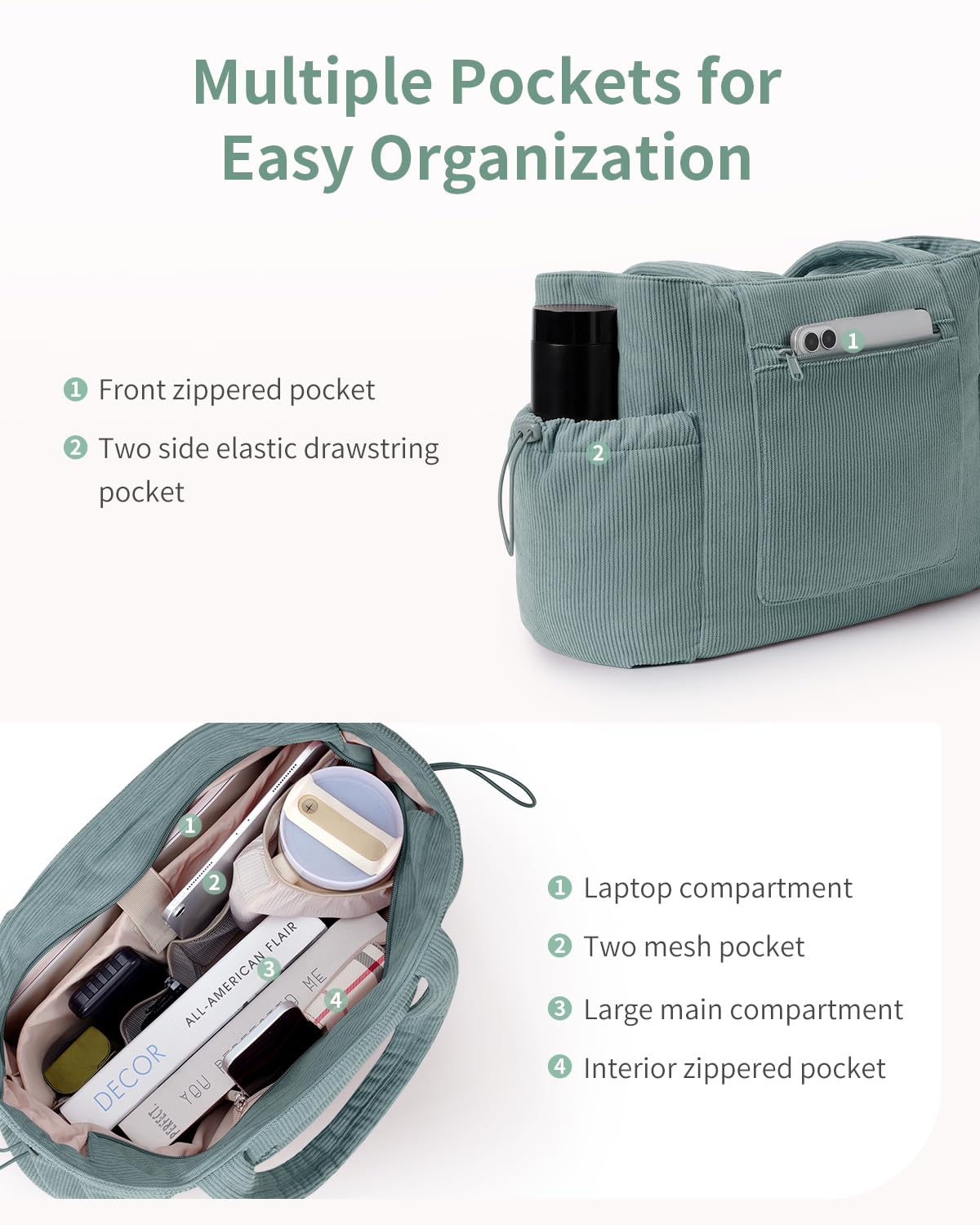 ECOHUB Large Corduroy Tote Bag for Women with Cup Holder & Luggage Sleeve & Laptop Compartment for Work Travel College Casual - Image 5