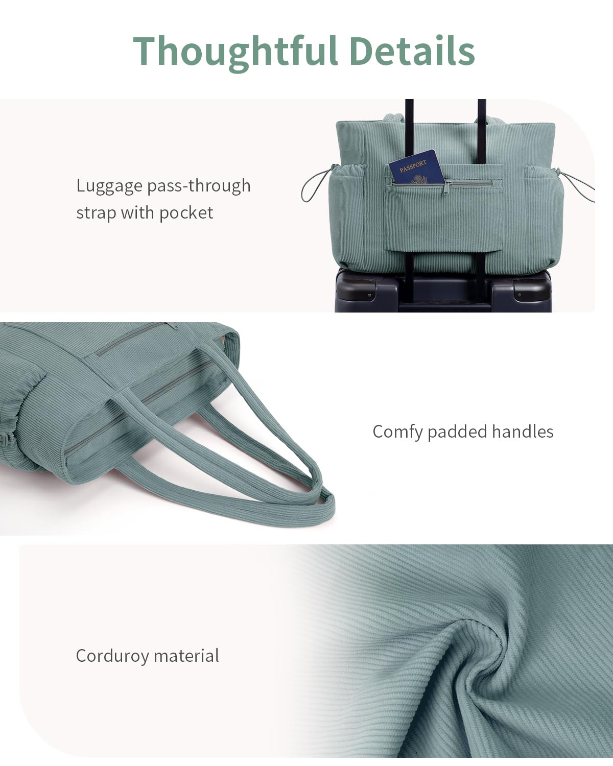 ECOHUB Large Corduroy Tote Bag for Women with Cup Holder & Luggage Sleeve & Laptop Compartment for Work Travel College Casual - Image 6