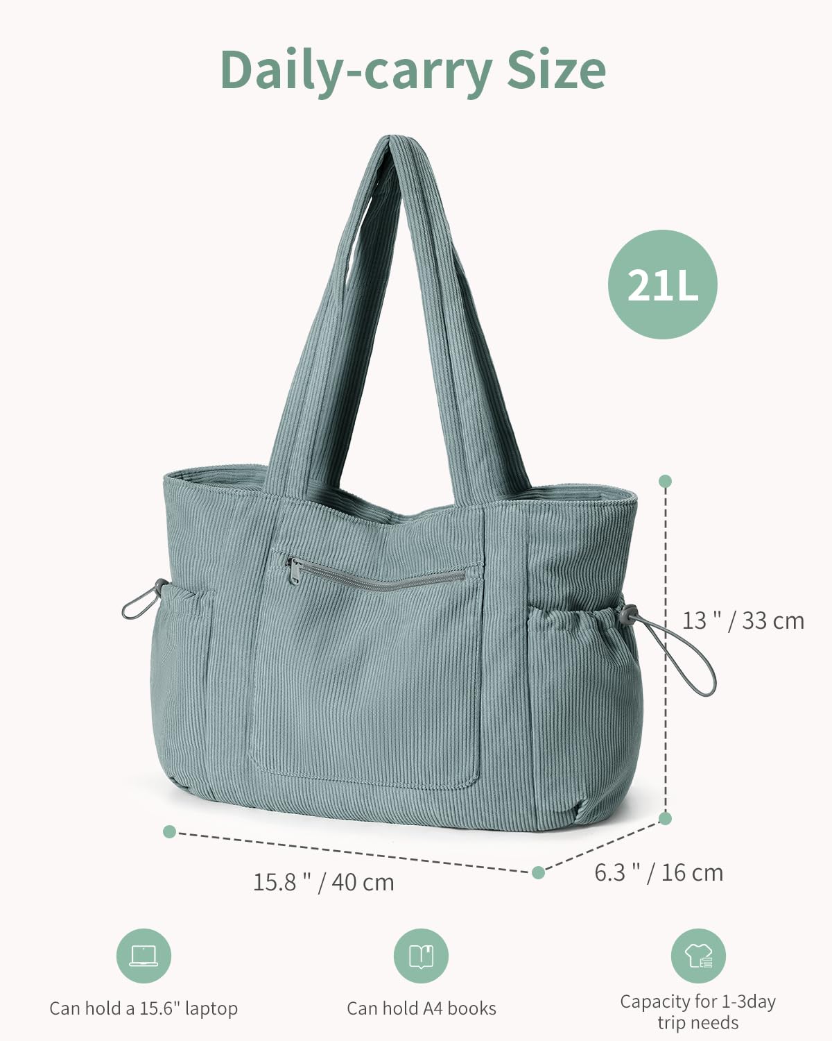 ECOHUB Large Corduroy Tote Bag for Women with Cup Holder & Luggage Sleeve & Laptop Compartment for Work Travel College Casual - Image 8