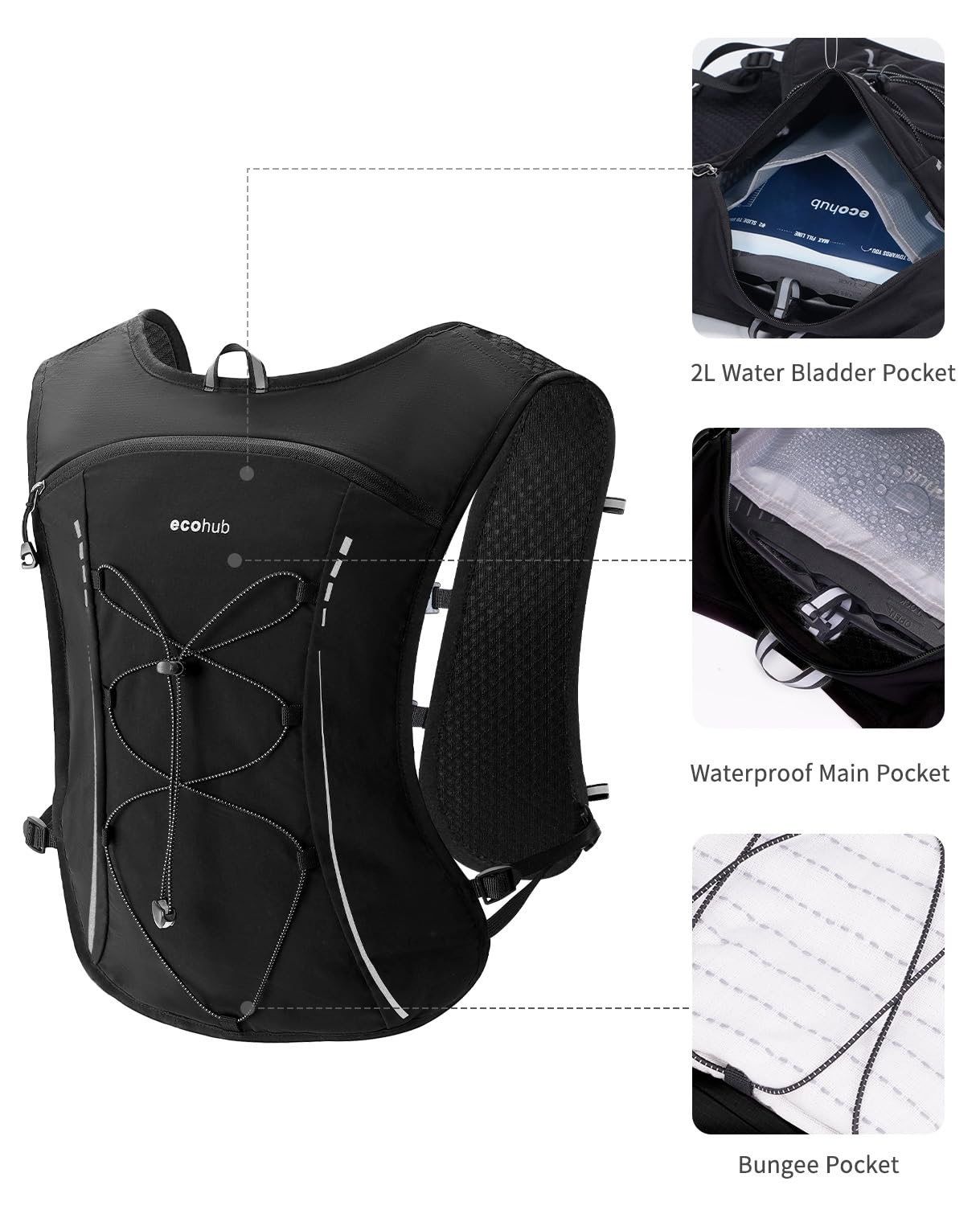 ECOHUB Running Hydration Vest Backpack,Lightweight Breathable Pack with 2L Water Bladder Bag Daypack for Hiking Trail Running Cycling Race Marathon for Women Men - Image 3