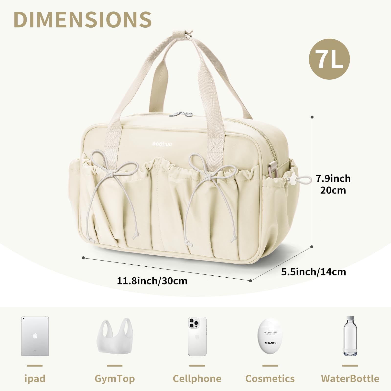 ECOHUB Small Gym Bag for Women, Mini Gym Duffle Bag with Wet Compartment, Bowknot Sports Bag, Cute Gym Tote Bag Dance Yoga Workout Travel Bags Beige - Image 5