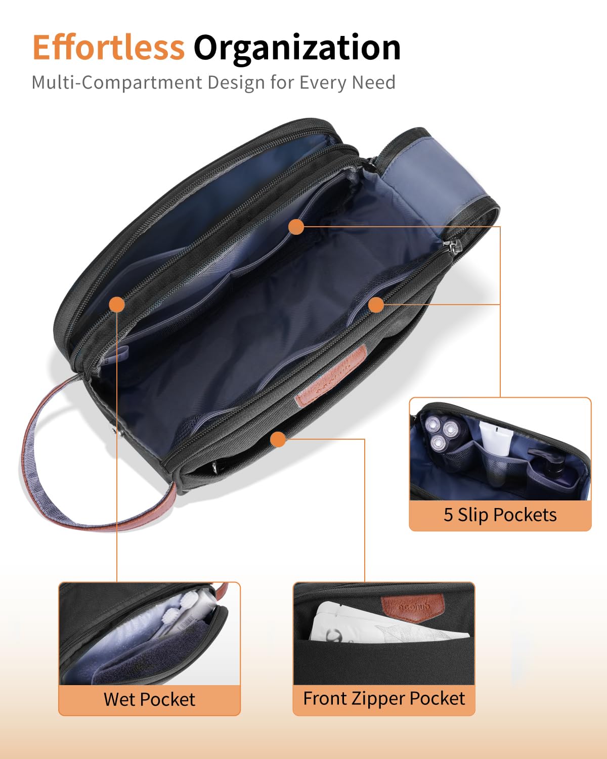 ECOHUB Toiletry Bag for Men, Travel Essentials Toiletries Bag, Water-Resistant Shaving Dopp Kit, Wide-Open Dual Zipper Cosmetic Makeup Organizer Bag Fit Full Size Toiletries, Black - Image 4