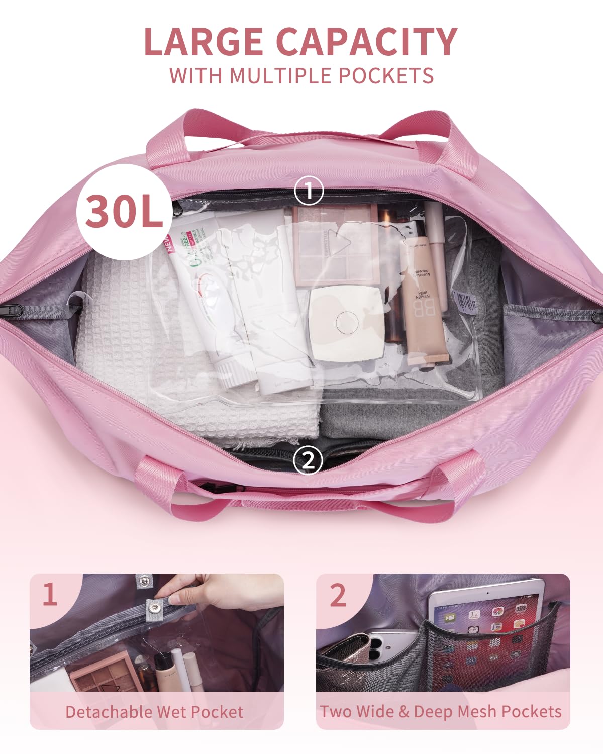 ECOHUB Travel Duffel Bag, Water Resistant Weekender Bag Carry On Bags for Women, Sport Gym Bags for Men, Hospital Bag for Labor and Delivery, Overnight Bag Luggage Bag with Trolley Sleeve 30L Pink - Image 3