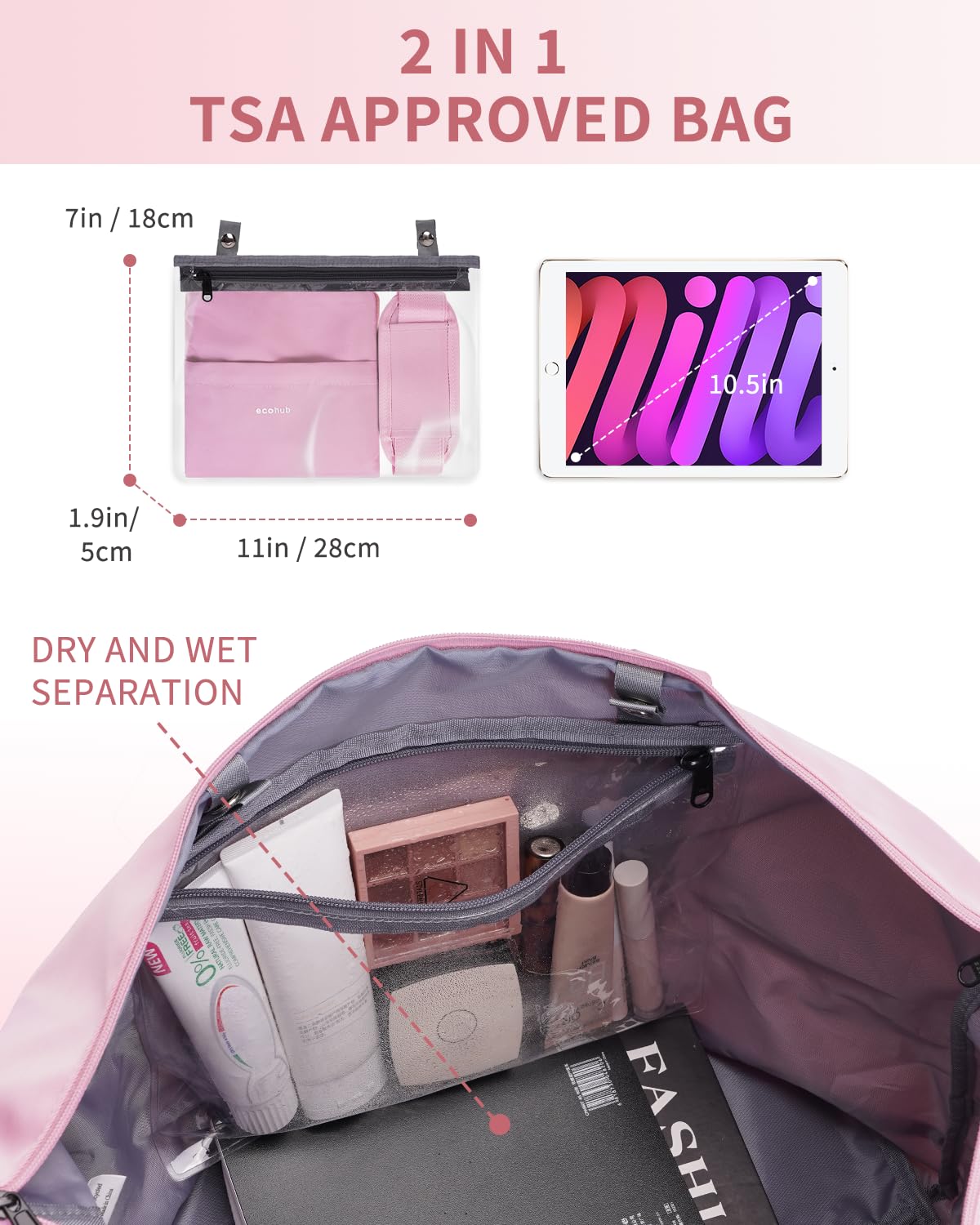 ECOHUB Travel Duffel Bag, Water Resistant Weekender Bag Carry On Bags for Women, Sport Gym Bags for Men, Hospital Bag for Labor and Delivery, Overnight Bag Luggage Bag with Trolley Sleeve 30L Pink - Image 4