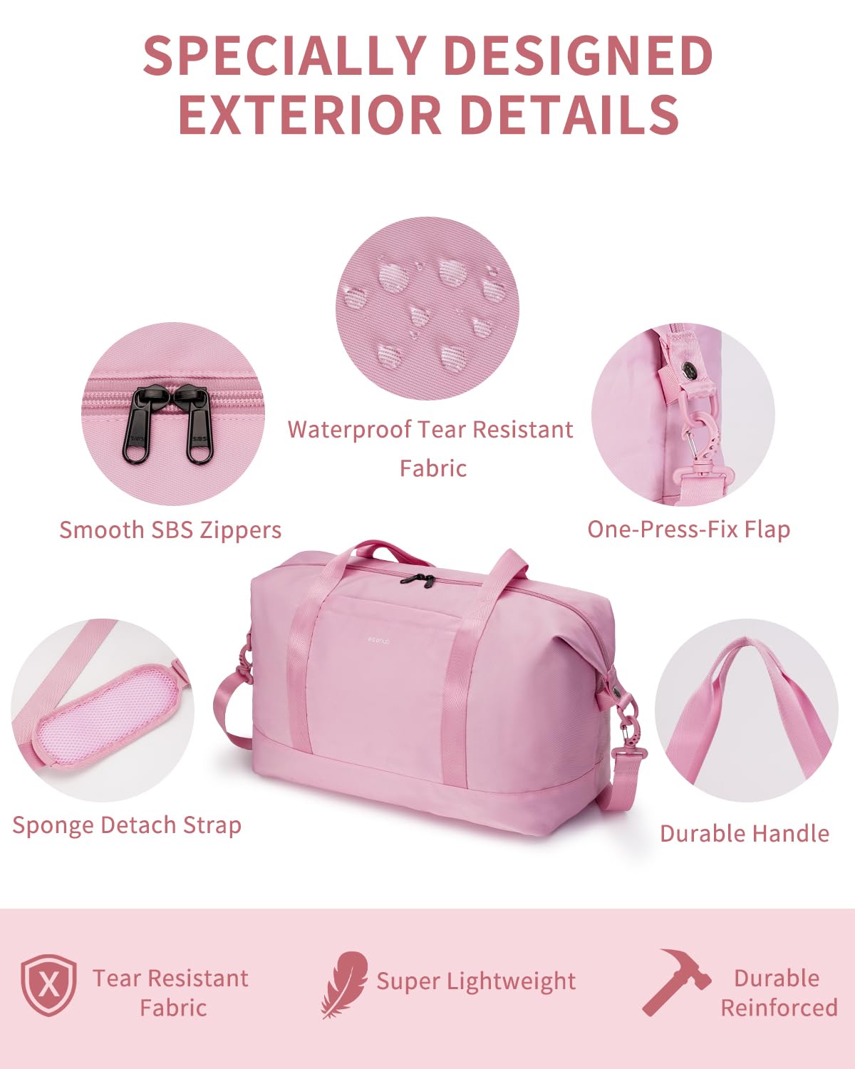 ECOHUB Travel Duffel Bag, Water Resistant Weekender Bag Carry On Bags for Women, Sport Gym Bags for Men, Hospital Bag for Labor and Delivery, Overnight Bag Luggage Bag with Trolley Sleeve 30L Pink - Image 5