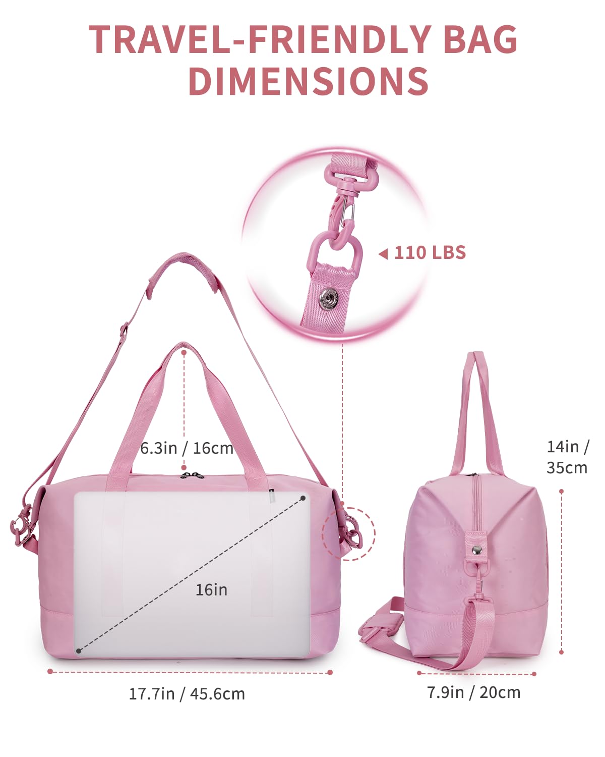 ECOHUB Travel Duffel Bag, Water Resistant Weekender Bag Carry On Bags for Women, Sport Gym Bags for Men, Hospital Bag for Labor and Delivery, Overnight Bag Luggage Bag with Trolley Sleeve 30L Pink - Image 6