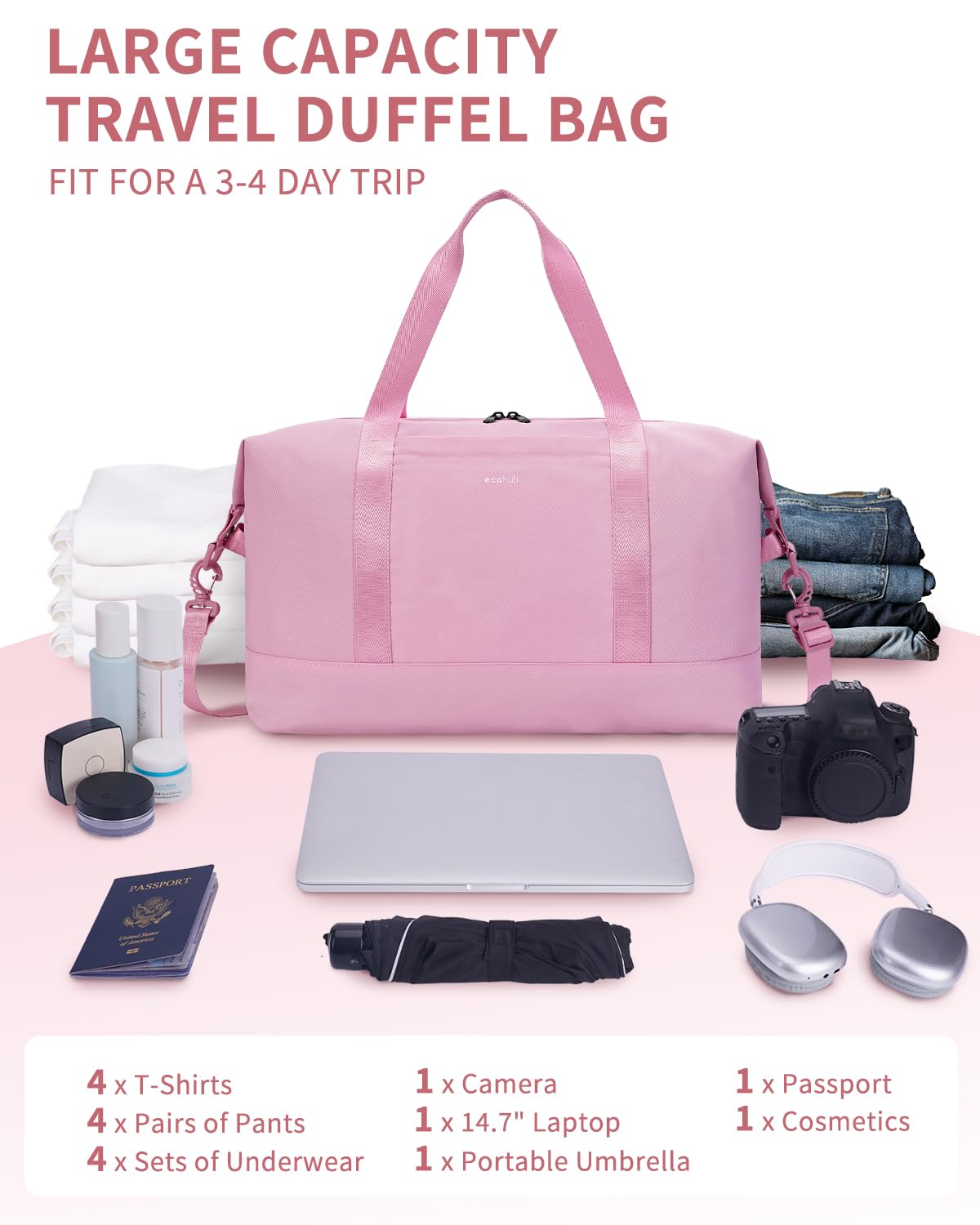 ECOHUB Travel Duffel Bag, Water Resistant Weekender Bag Carry On Bags for Women, Sport Gym Bags for Men, Hospital Bag for Labor and Delivery, Overnight Bag Luggage Bag with Trolley Sleeve 30L Pink - Image 7