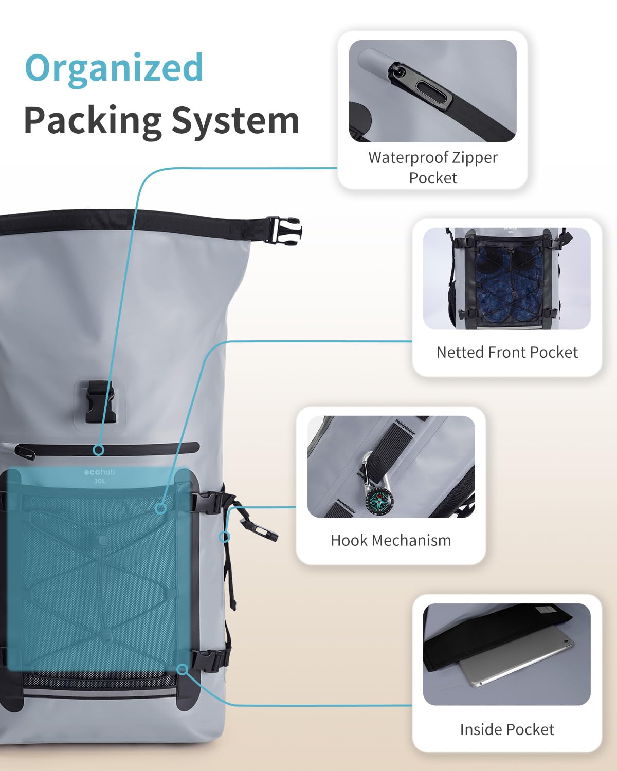 ECOHUB Waterproof Backpack for Women Men, 30L Roll-Top Closure Heavy Duty Dry Bag for Travel with IPX8 Waterproof Phone Case - Image 3