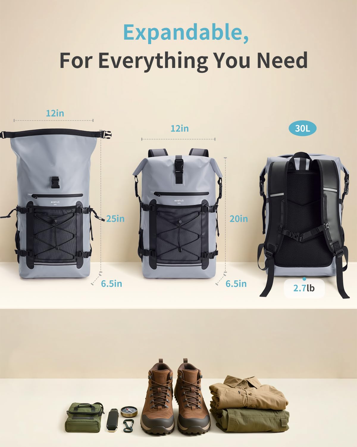 ECOHUB Waterproof Backpack for Women Men, 30L Roll-Top Closure Heavy Duty Dry Bag for Travel with IPX8 Waterproof Phone Case - Image 4