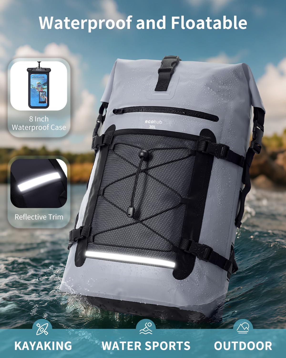 ECOHUB Waterproof Backpack for Women Men, 30L Roll-Top Closure Heavy Duty Dry Bag for Travel with IPX8 Waterproof Phone Case - Image 5