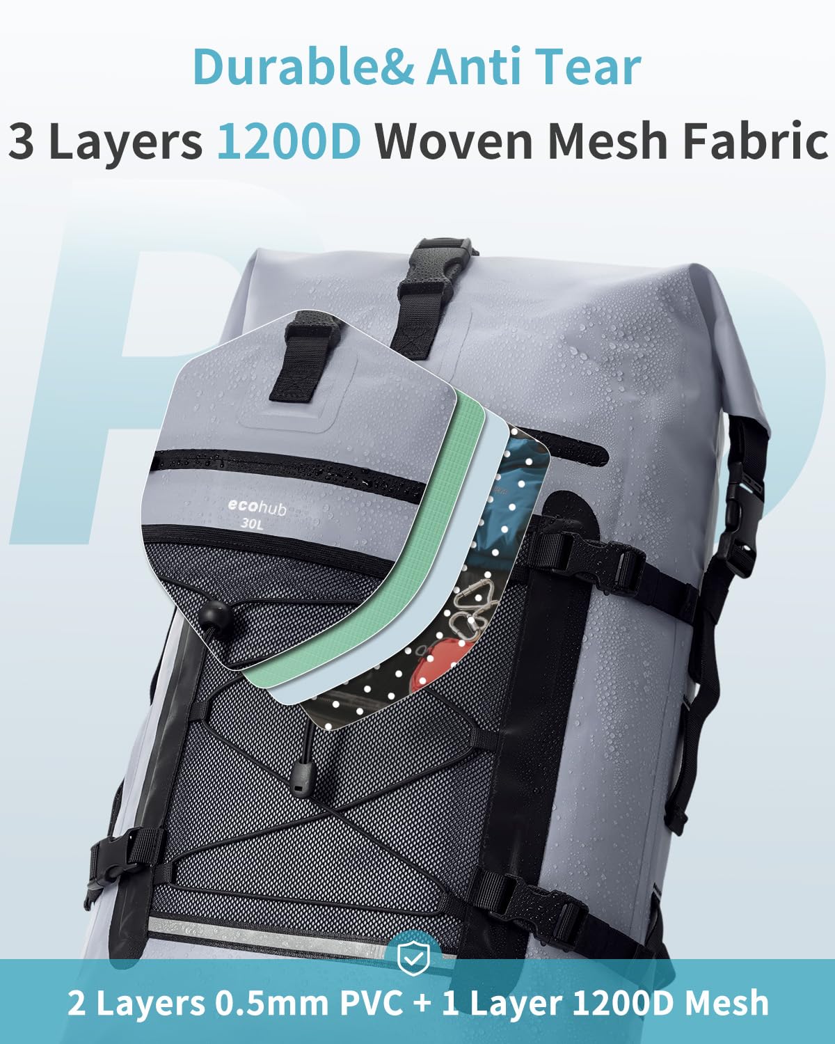 ECOHUB Waterproof Backpack for Women Men, 30L Roll-Top Closure Heavy Duty Dry Bag for Travel with IPX8 Waterproof Phone Case - Image 6