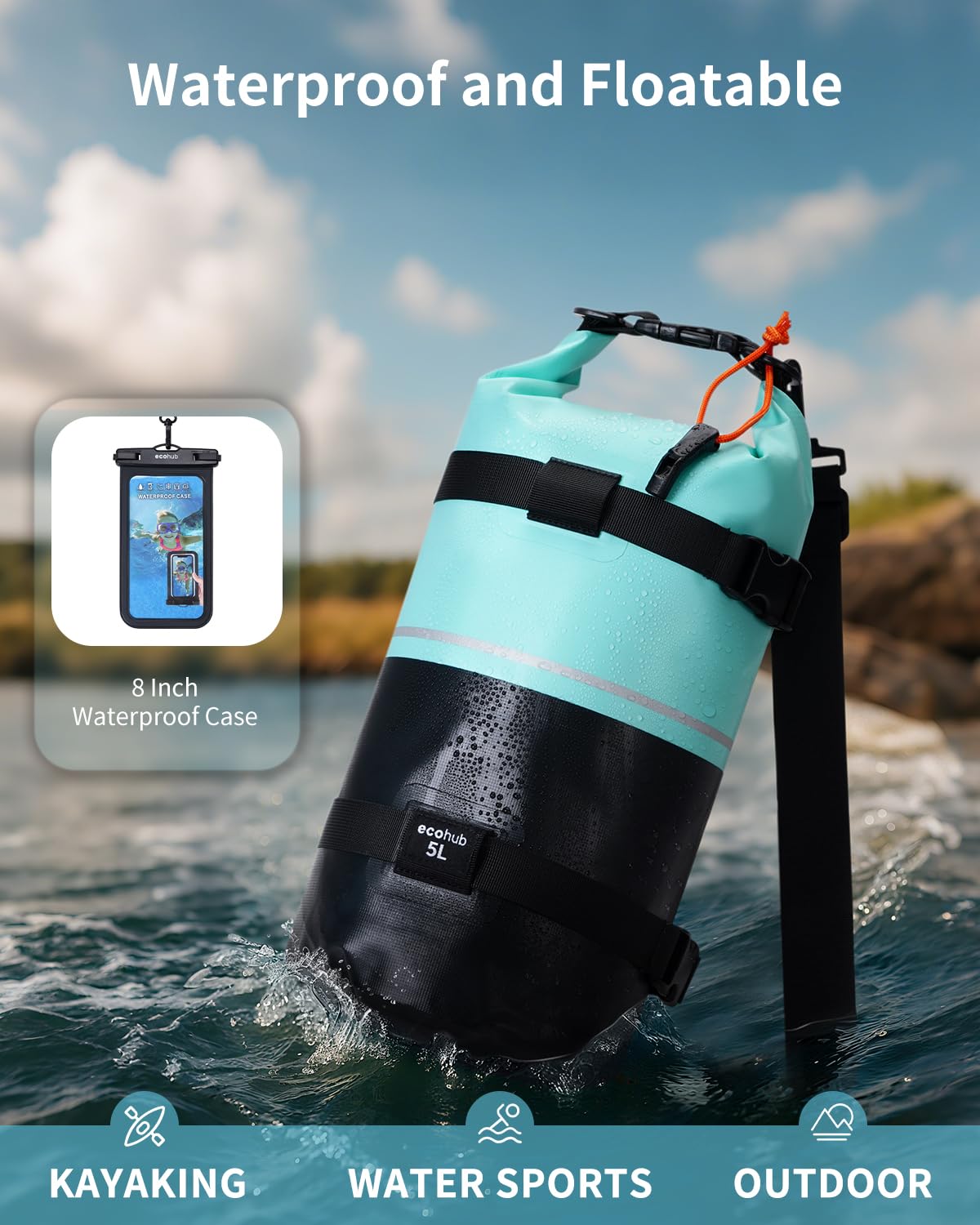 ECOHUB Waterproof Dry Bag for Women Men, 5L/10L/20L Roll Top Lightweight Dry Storage Bag Backpack for Travel Kayaking Hiking Floating with Waterproof Phone Case - Image 3